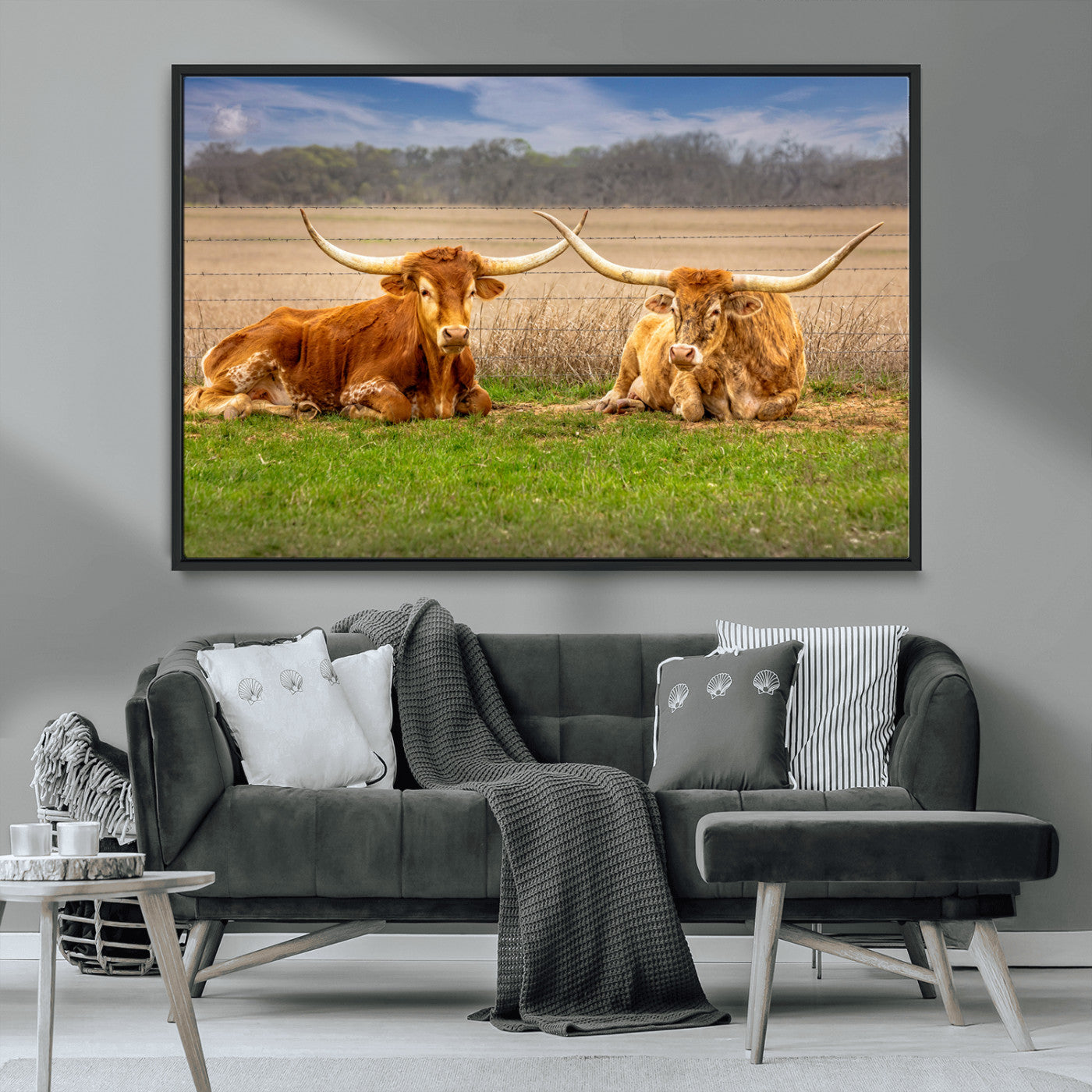 MGV-FC-36X24 - Texas Longhorn Pair Wall Art Canvas Print – Peaceful Rustic Ranch Scene with Two Cattle in Field,