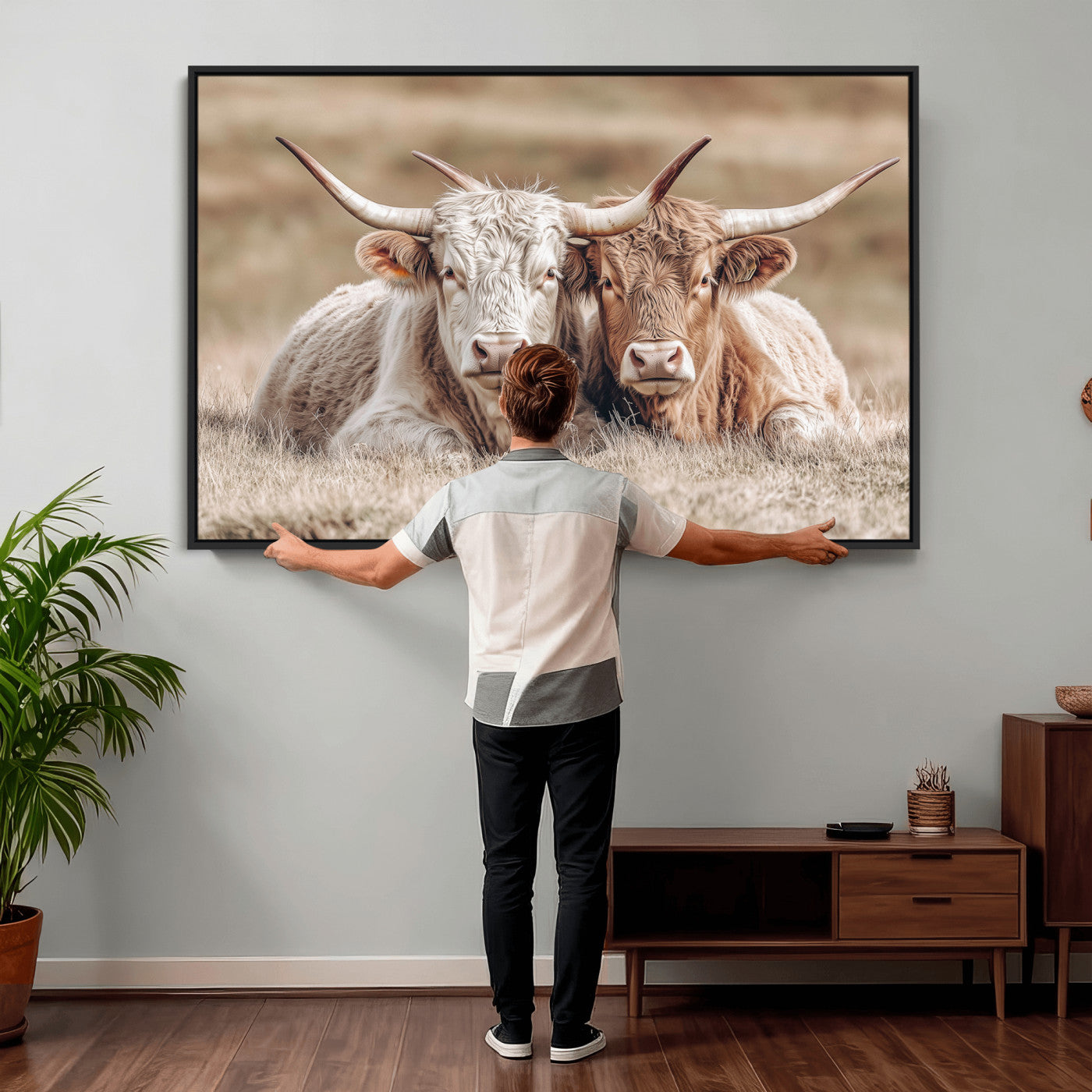 38651722-MGV-CV-36X24 - Highland Cows Meadow Canvas Wall Art – Peaceful Cow Photography Print, Rustic Farmhouse Animal Decor for Country Home, Living Room, Office