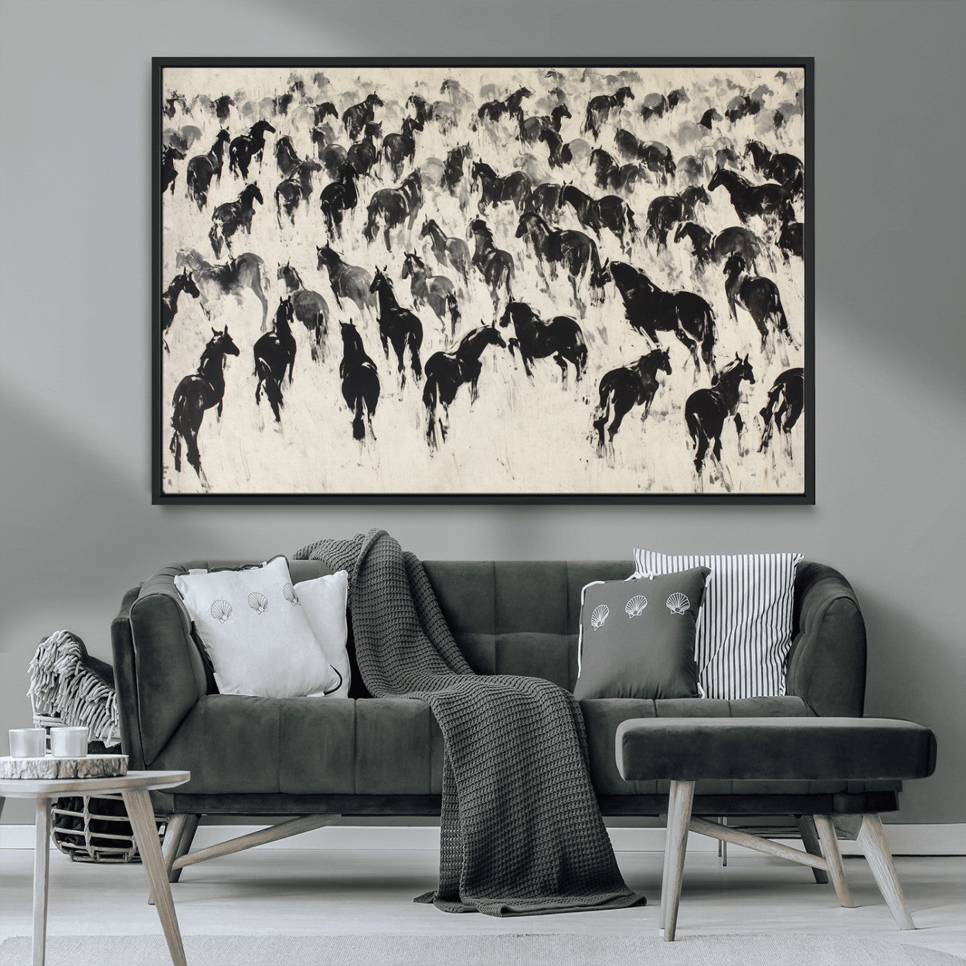 MGV-FC-36X24 - Wild Horse Stampede Wall Art Canvas Print – Monochrome Ink Brush Painting of Running Horses, Perfect