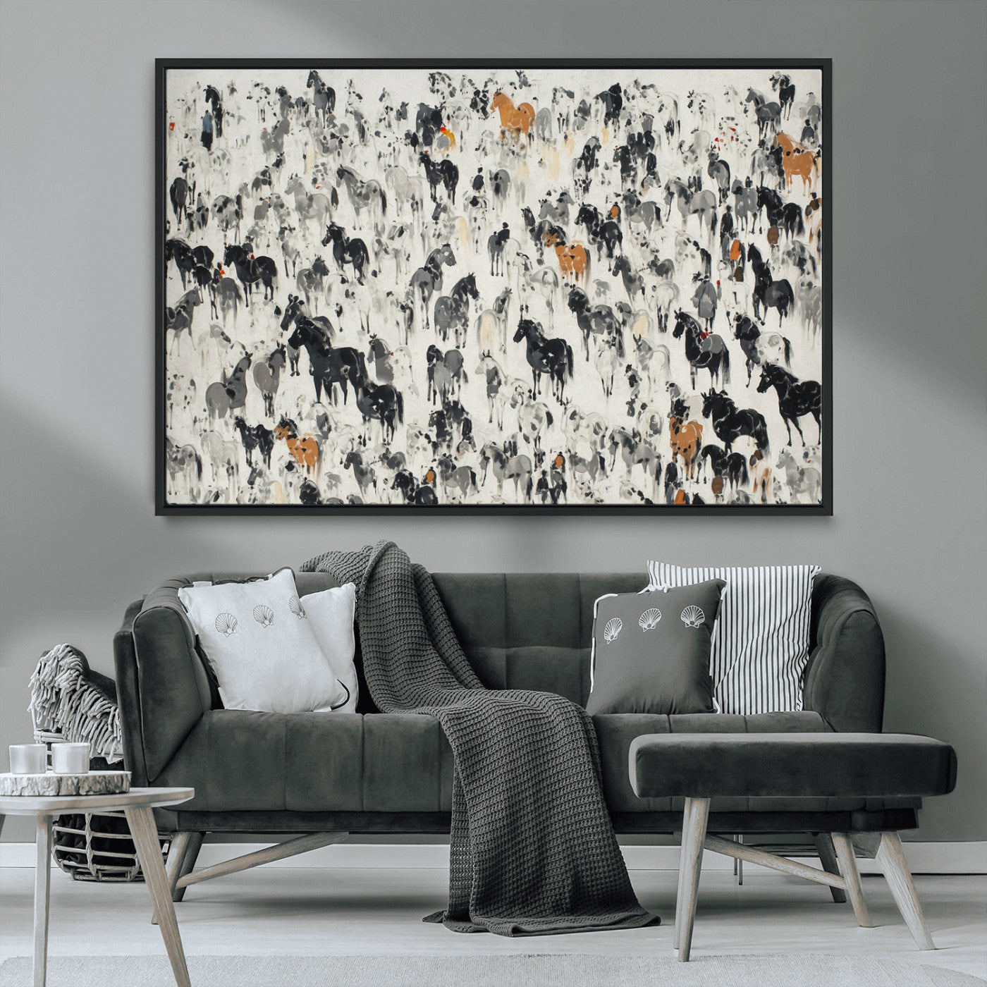 MGV-FC-36X24 - Wild Horse Stampede Wall Art Canvas Print – Monochrome Ink Brush Painting of Running Horses, Perfect