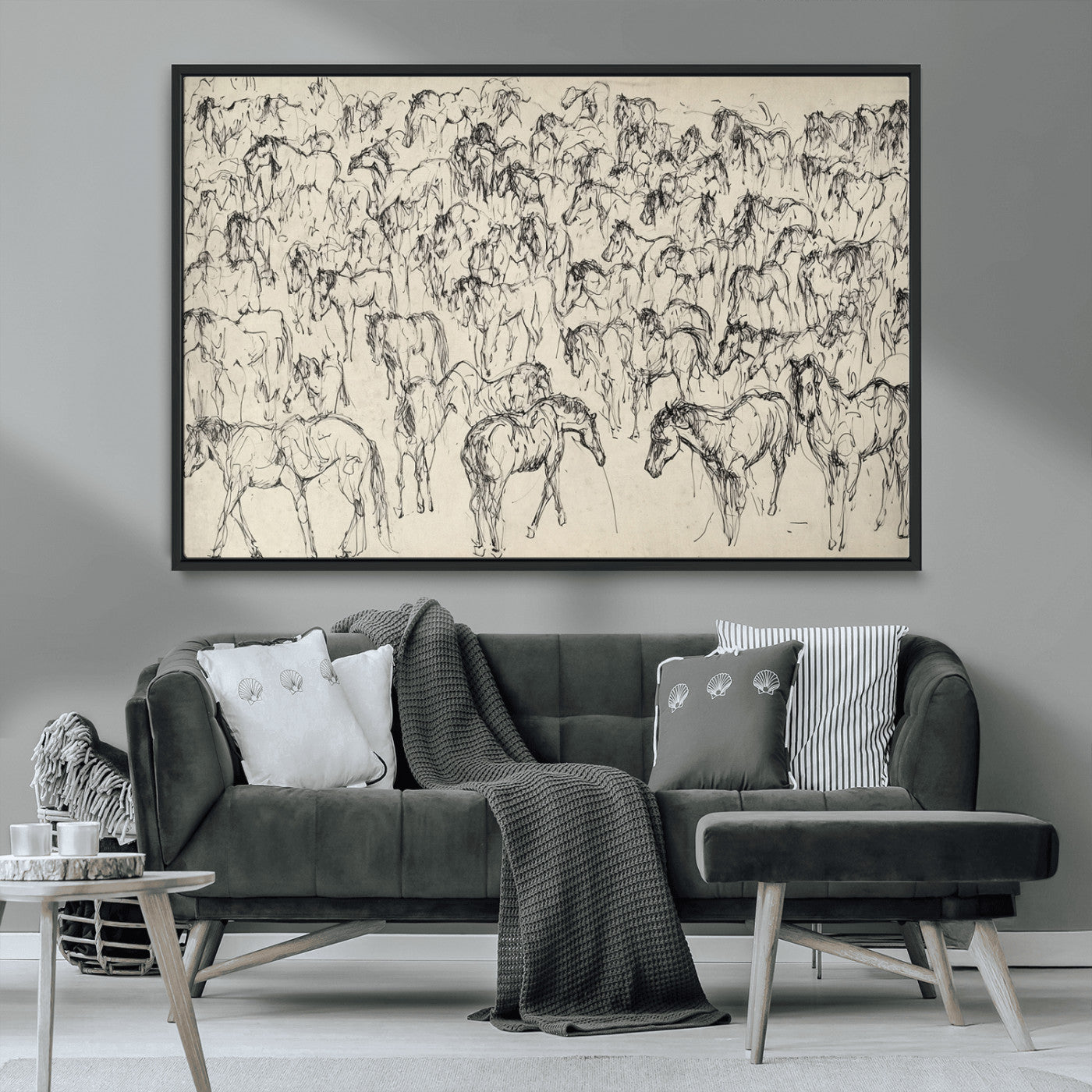 MGV-FC-36X24 - Wild Horse Stampede Wall Art Canvas Print – Monochrome Ink Brush Painting of Running Horses, Perfect