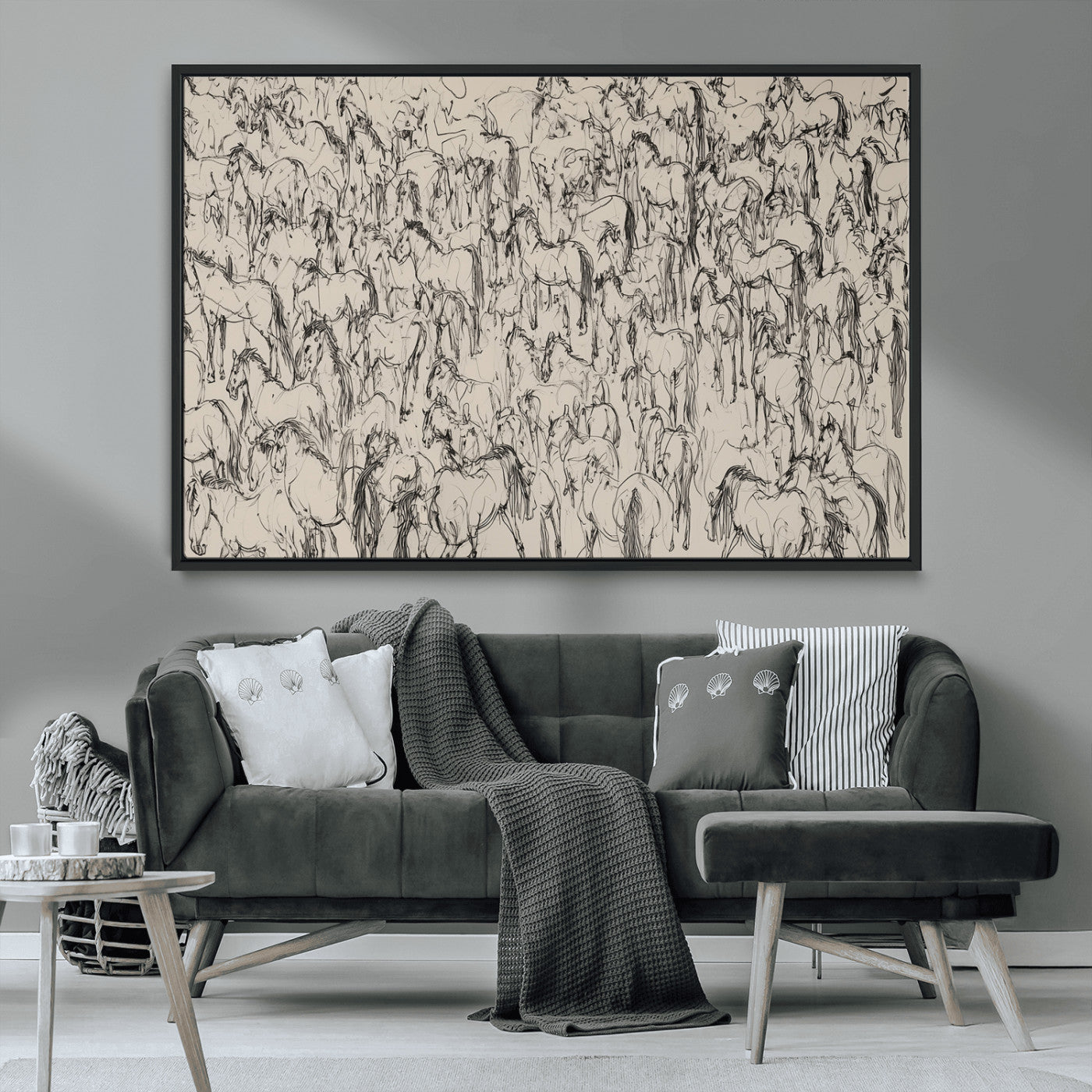 MGV-FC-36X24 - Wild Horse Stampede Wall Art Canvas Print – Monochrome Ink Brush Painting of Running Horses, Perfect