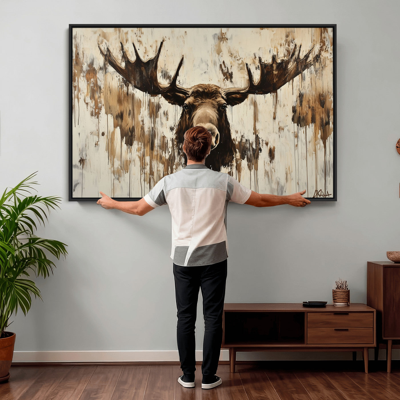 34496536-MGV-CV-36X24 - Powerful Moose Portrait Wall Art – Rich Earthy Tones, Expressive Brushstrokes, Striking Gaze, Raw Nature Vibes Decor for Home or Office