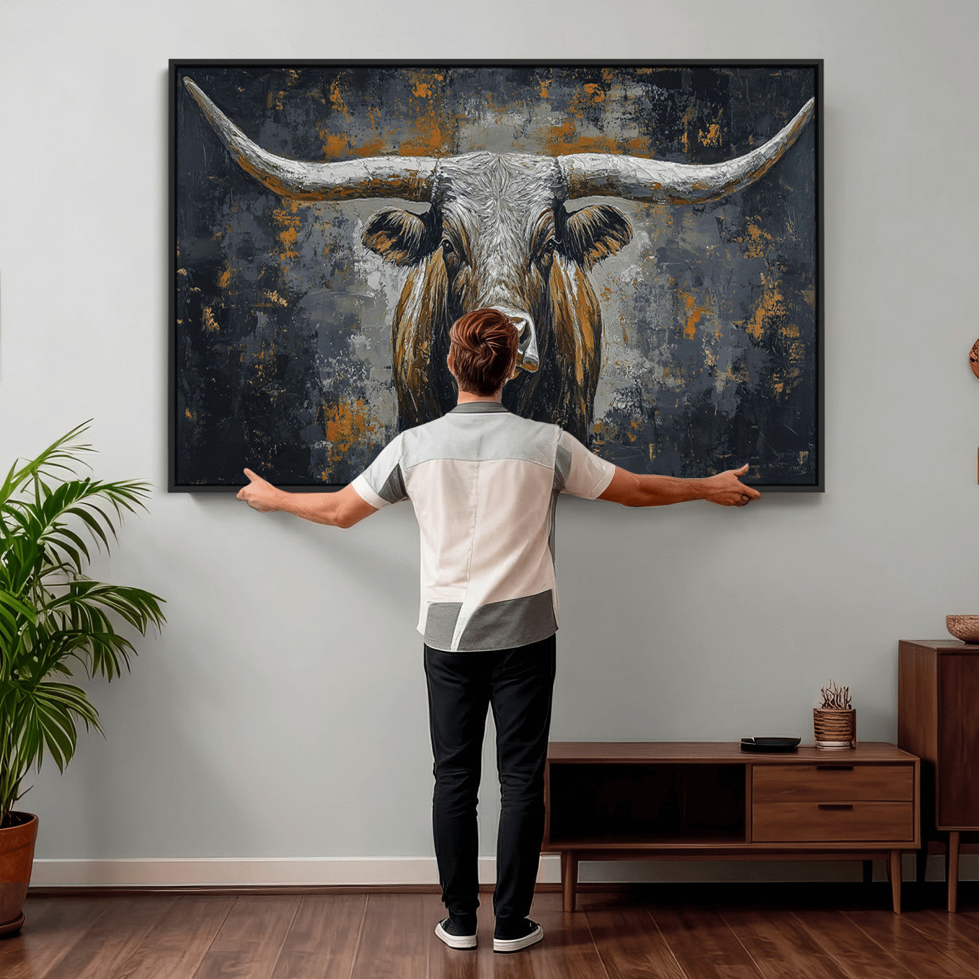 73972561-MGV-CV-36X24 - Bold Bull Wall Art Canvas – Striking Portrait with Wide Horns and Rich Brown Hues, Rustic Farmhouse and Western Decor for Home Room