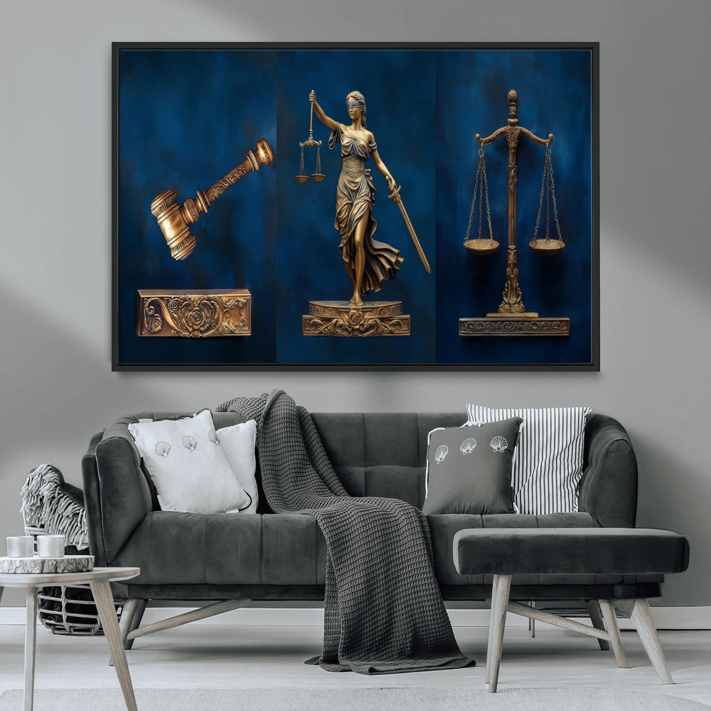 MGV-FC-36X24 - Lady Justice Wall Art Canvas Print – Elegant Gold Legal Symbols on Blue Background, Perfect for Law