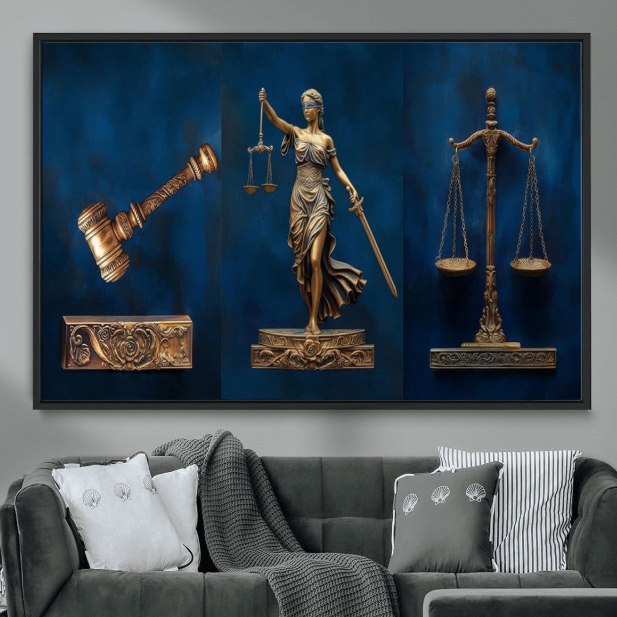 -Lady Justice Wall Art Canvas Print – Elegant Gold Legal Symbols Blue Background Artwork for Home, Office, Living Room