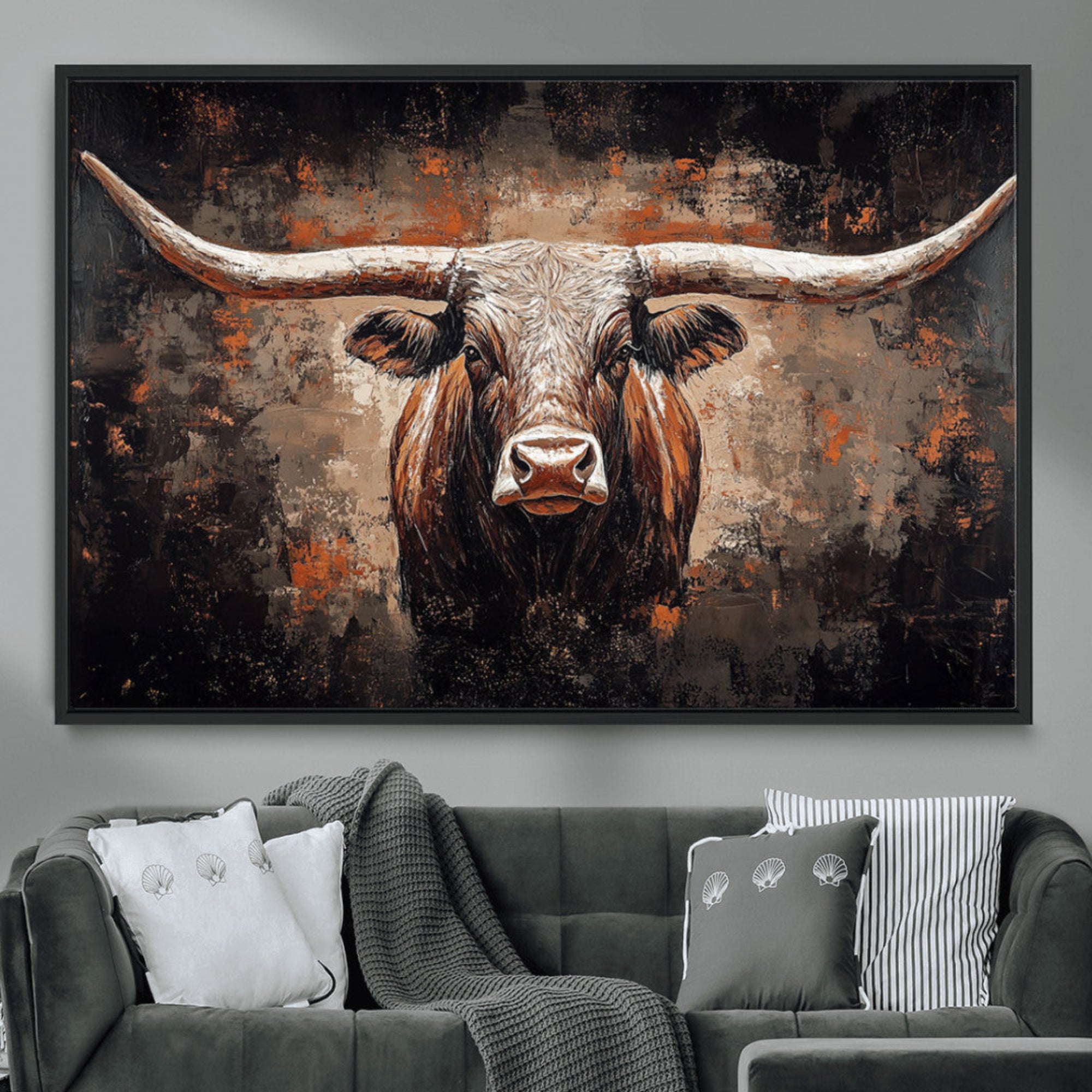 24779067-MGV-FC-36X24_Black-Rustic Longhorn Bull Wall Art Canvas Print – Vintage Western Cattle Scene, Texas Steer Artwork for Home, Office