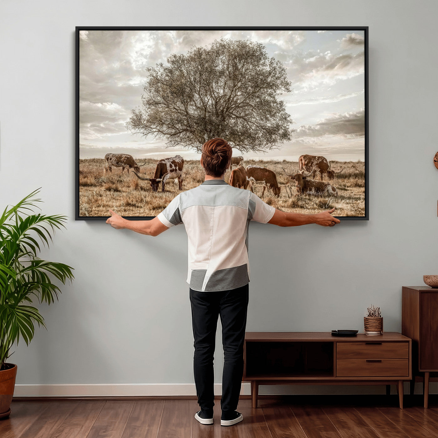 87590224-MGV-CV-36X24 - Texas Longhorn Cattle Wall Art Canvas Print – Rustic Western Ranch Scene with Steers at Sunset, Perfect for Farmhouse or Cowboy Decor