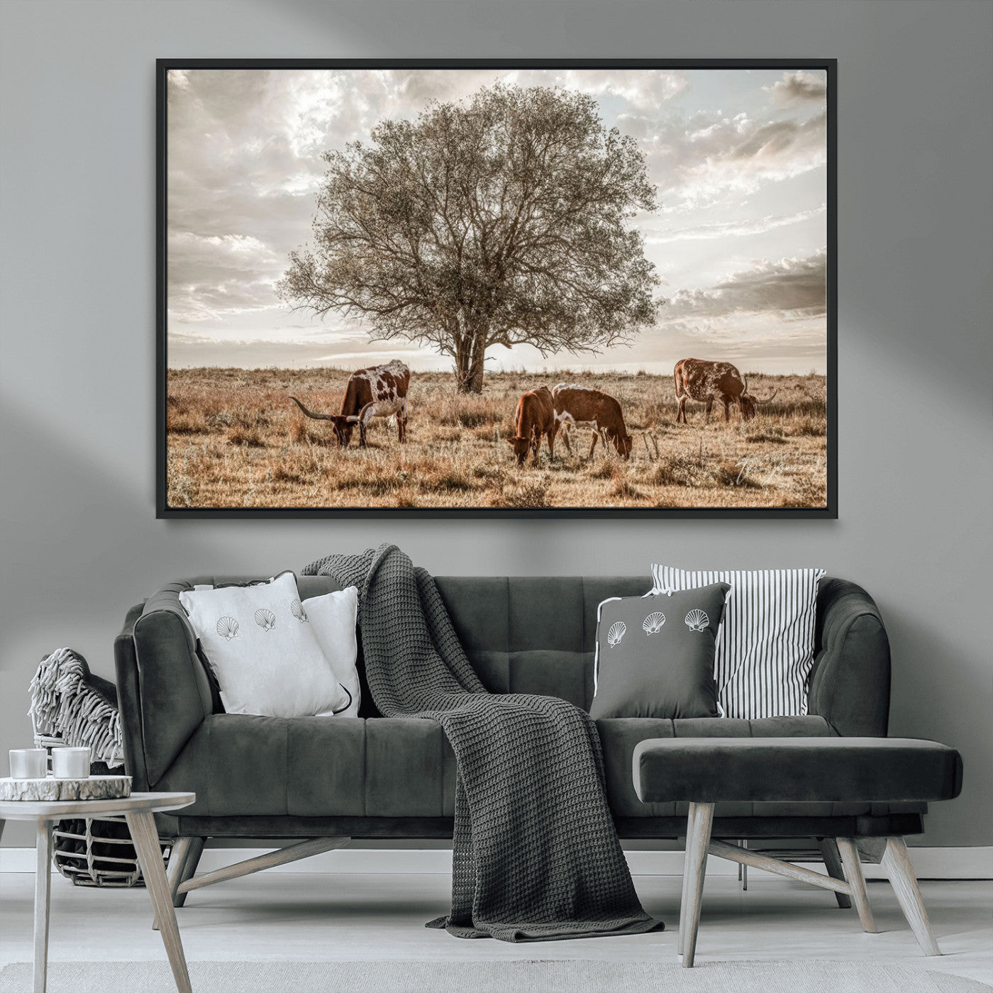 Texas Longhorn Cattle Wall Art Canvas Print – Rustic Western Ranch Scene with Steers at Sunset, Perfect for Farmhouse or Cowboy Decor