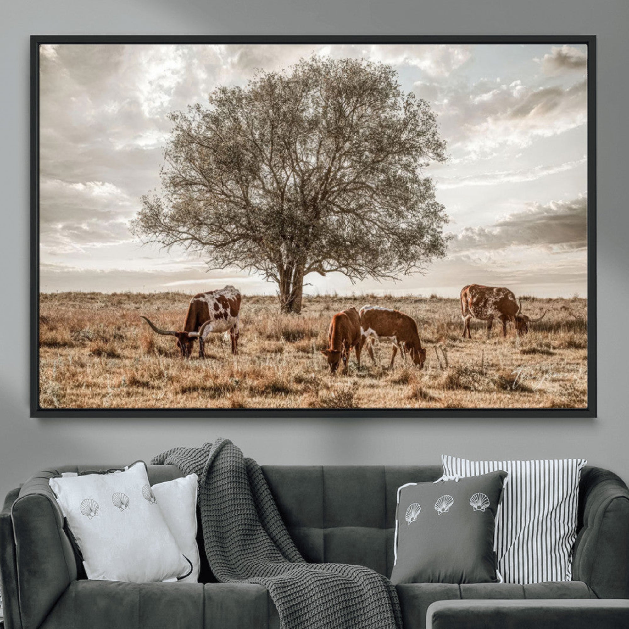 Texas Longhorn Cattle Wall Art Canvas Print – Rustic Western Ranch Scene with Steers at Sunset, Perfect for Farmhouse or Cowboy Decor