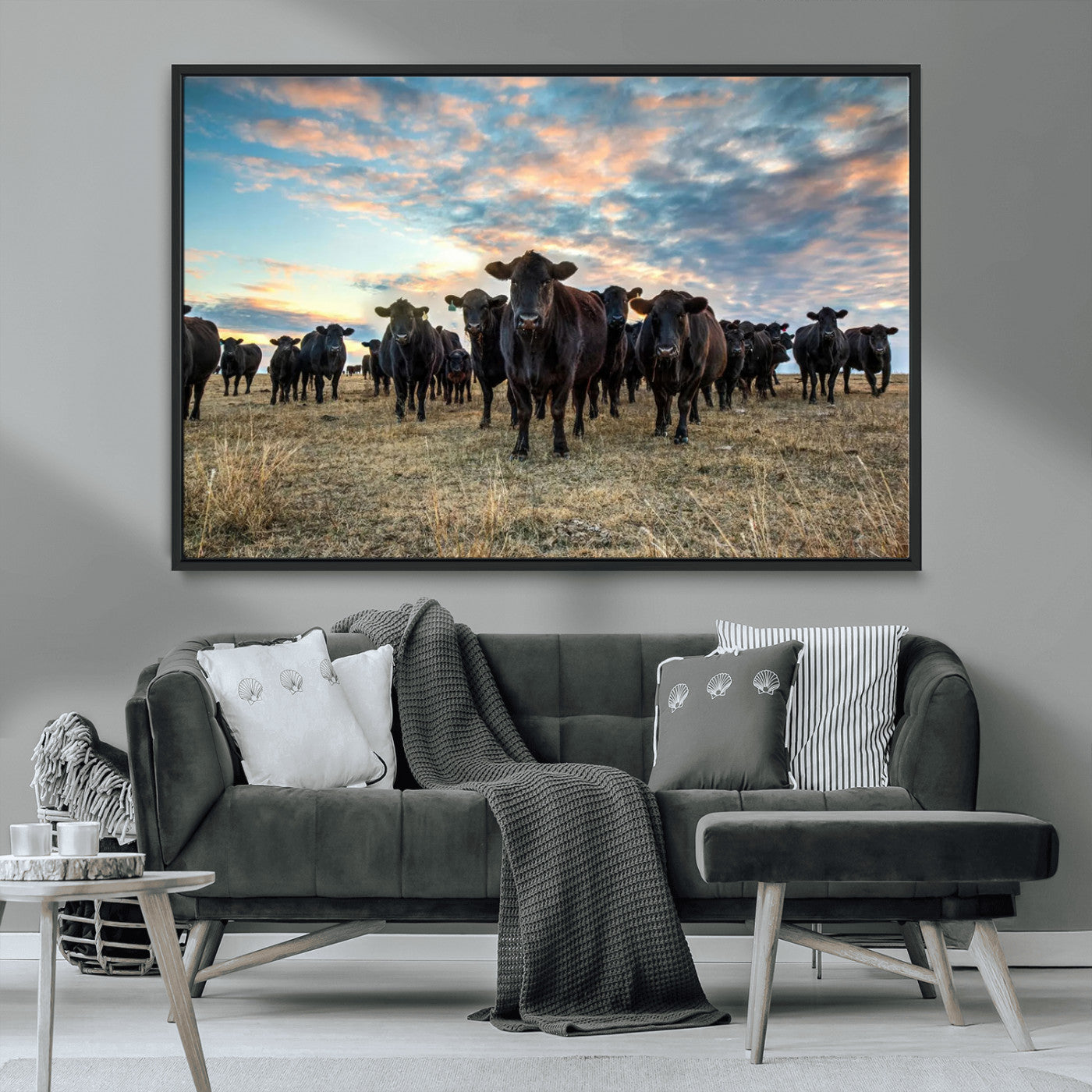 13867292-MGV-FC-36X24_Black-Texas Longhorn Cattle Wall Art Canvas Print – Rustic Western Ranch Scene with Steers at Sunset, Perfect for Farmhouse or Cowboy Decor