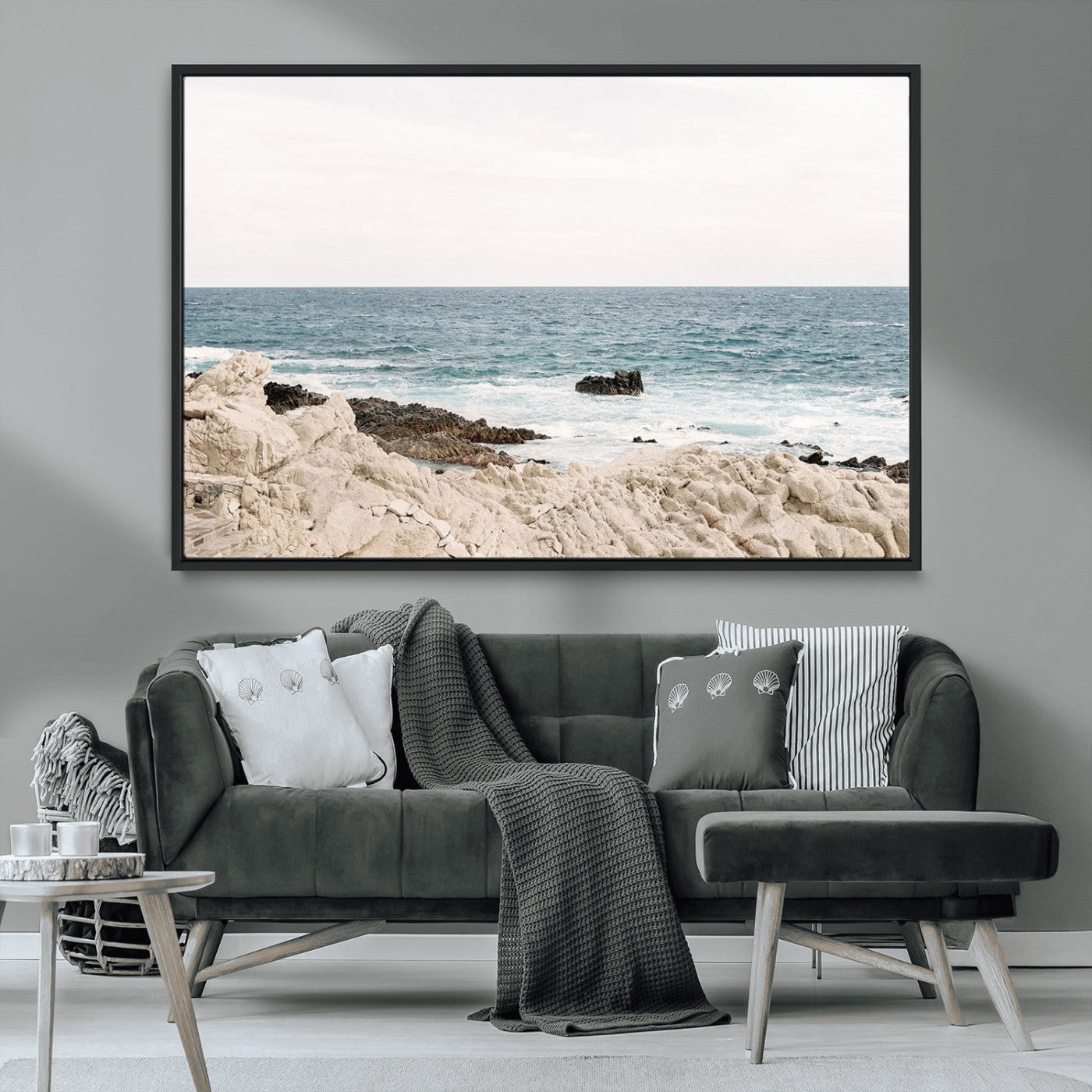 25481980-MGV-FC-36X24_Black-Coastal Ocean View Wall Art Canvas Print – Serene Rocky Shoreline and Blue Sea Photography for Coastal Chic or Minimalist Home Decor