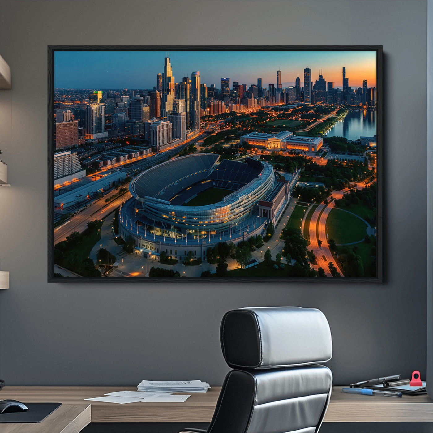 36690345-MGV-CV-36X24-Chicago Bears Soldiers Field Wall Art Canvas Print – Framed Football Stadium Artwork for Sports Fans, Soldier Field Skyline Canvas Decor for Game Room or Man Cave