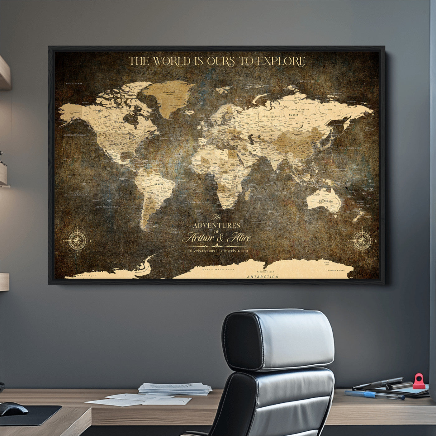 76675404-MGV-CV-36X24-Framed Push Pin World Travel Map – Canvas Wall Art for Tracking Adventures, Decorative Vintage Style Map with Pins for Home or Office - H1