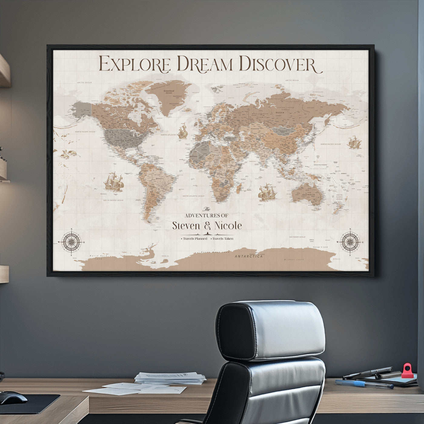 95738134-MGV-CV-36X24-Custom Push Pin World Map Wall Canvas Print – Personalized Travel Tracker with Pins – Framed Large Multi-Size Canvas for Home Office Decor
