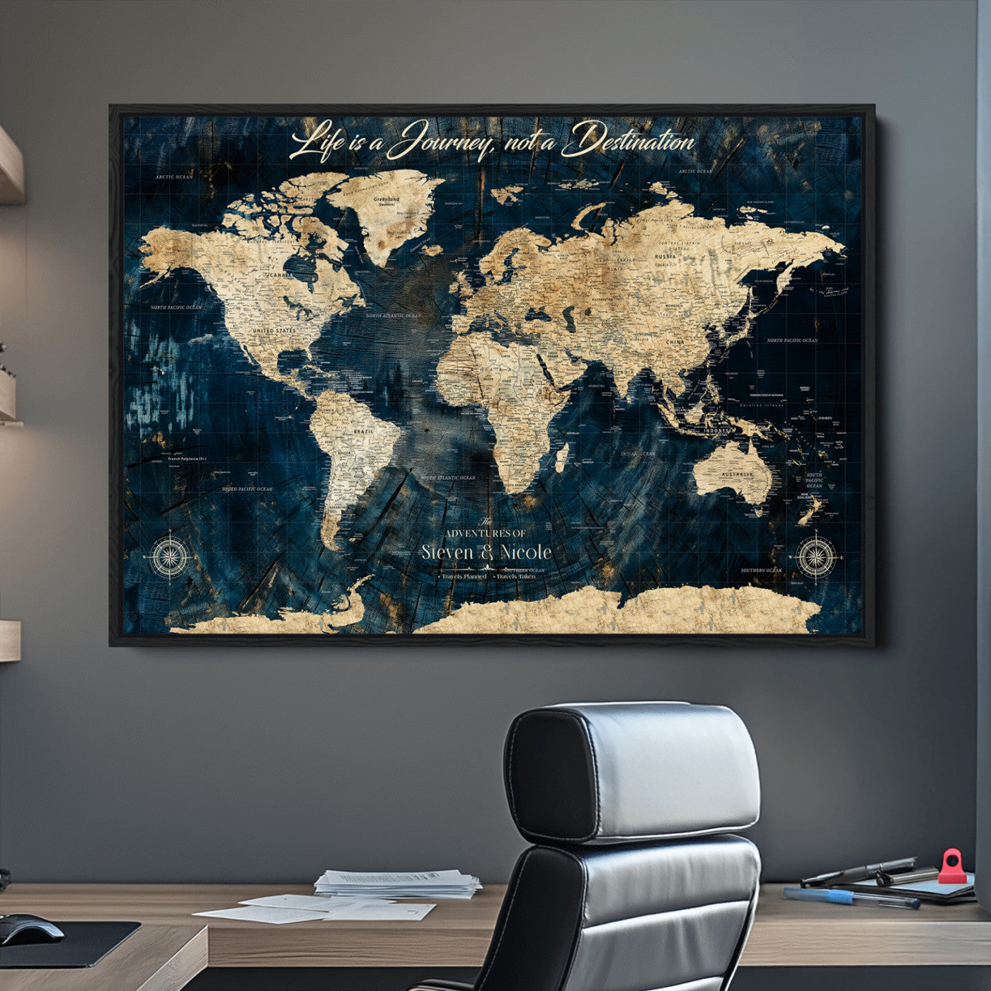 23551206-MGV-CV-36X24-Custom Push Pin World Map Wall Canvas Print – Personalized Travel Tracker with Pins – Framed Large Multi-Size Canvas for Home Office Decor