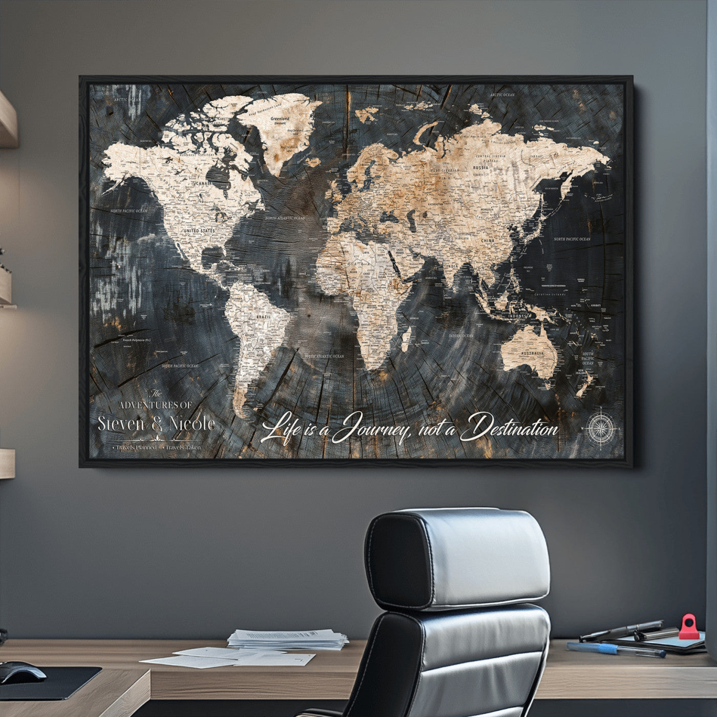 13001721-MGV-CV-36X24-Custom Push Pin World Map Wall Canvas Print – Personalized Travel Tracker with Pins – Framed Large Multi-Size Canvas for Home Office Decor