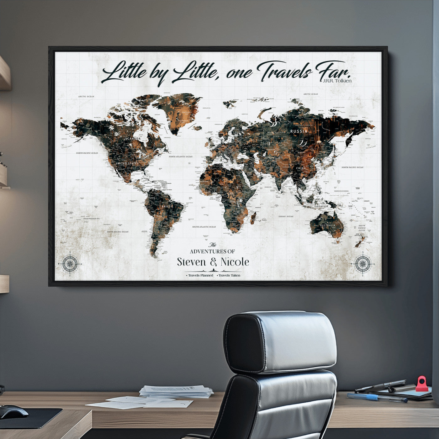 89231588-MGV-CV-36X24-Custom Push Pin World Map Wall Canvas Print – Personalized Travel Tracker with Pins – Framed Large Multi-Size Canvas for Home Office Decor
