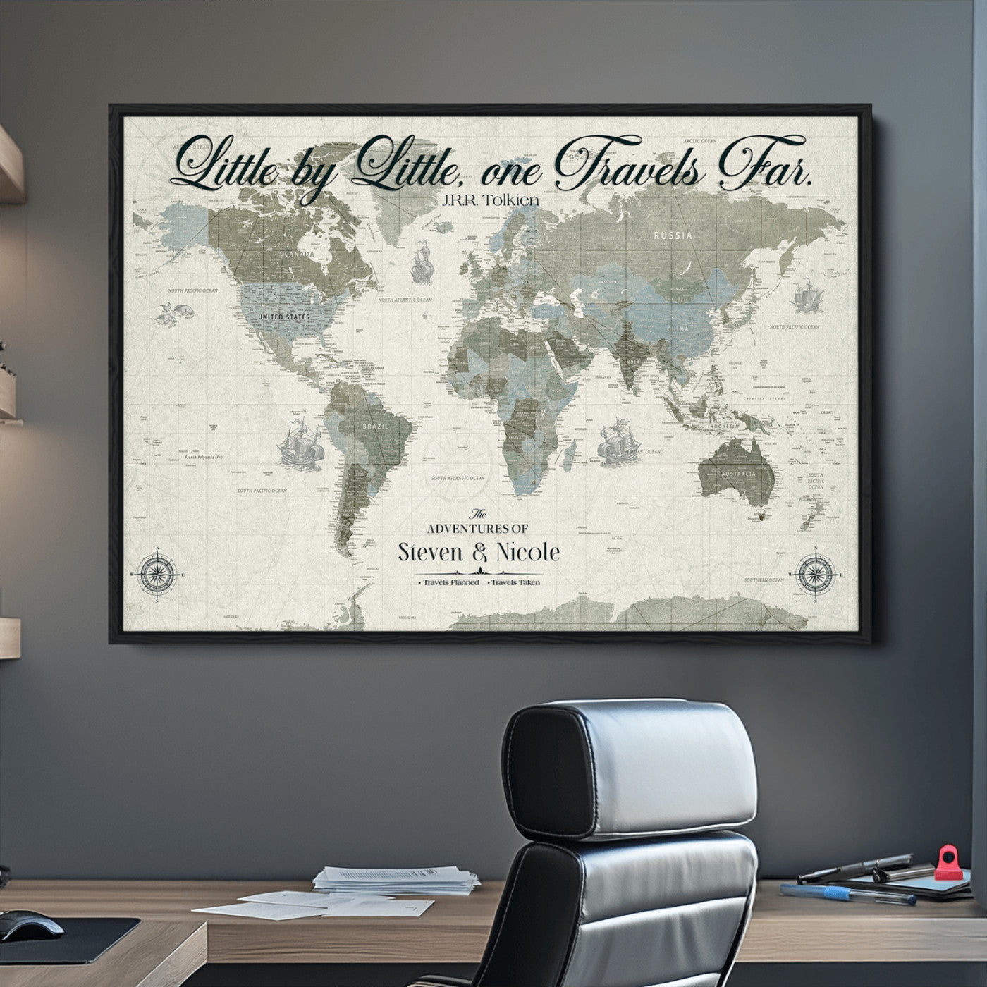 72081300-MGV-CV-36X24-Custom Push Pin World Map Wall Canvas Print – Personalized Travel Tracker with Pins – Framed Large Multi-Size Canvas for Home Office Decor