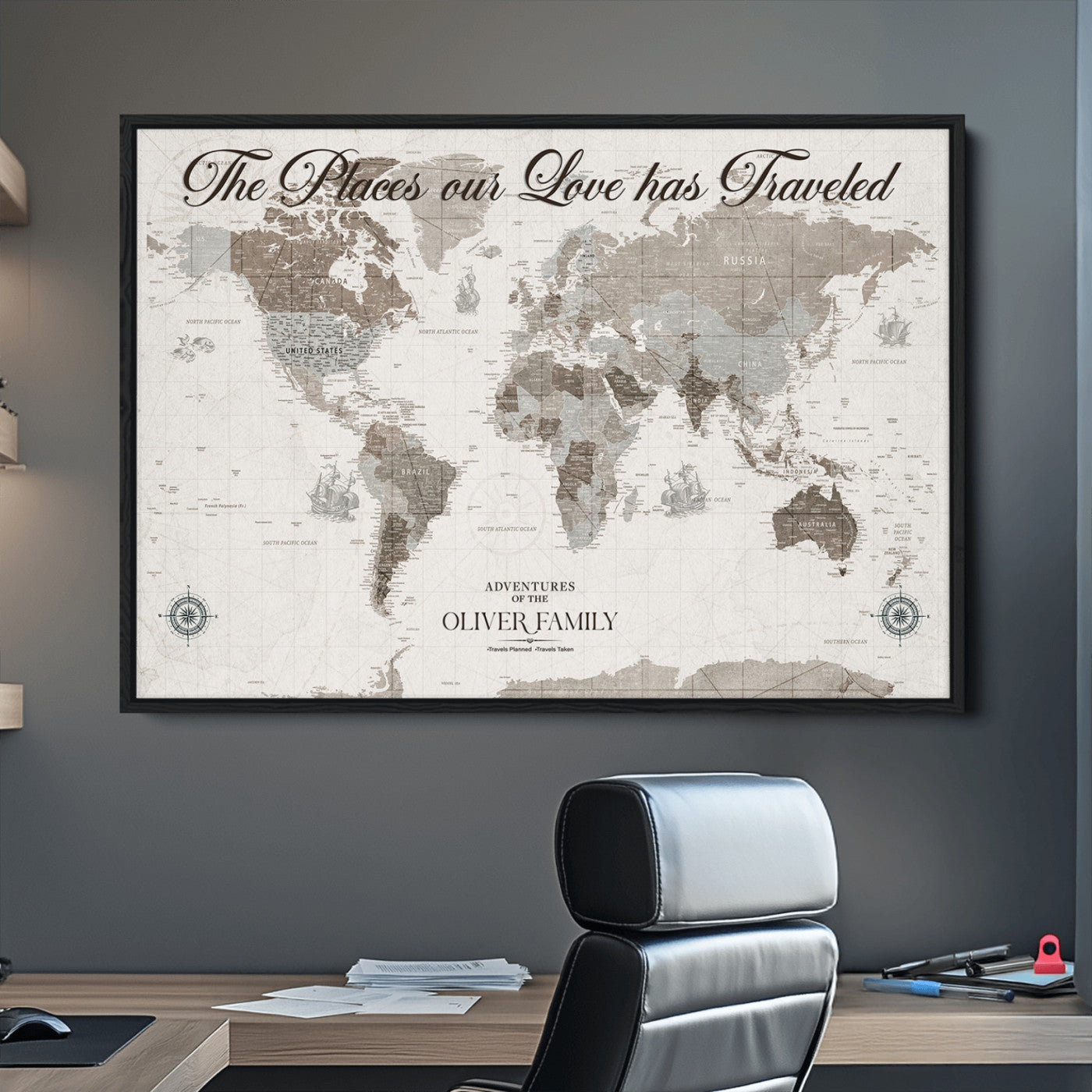 88245481-MGV-CV-36X24-Custom Push Pin World Map Wall Canvas Print – Personalized Travel Tracker with Pins – Framed Large Multi-Size Canvas for Home Office Decor