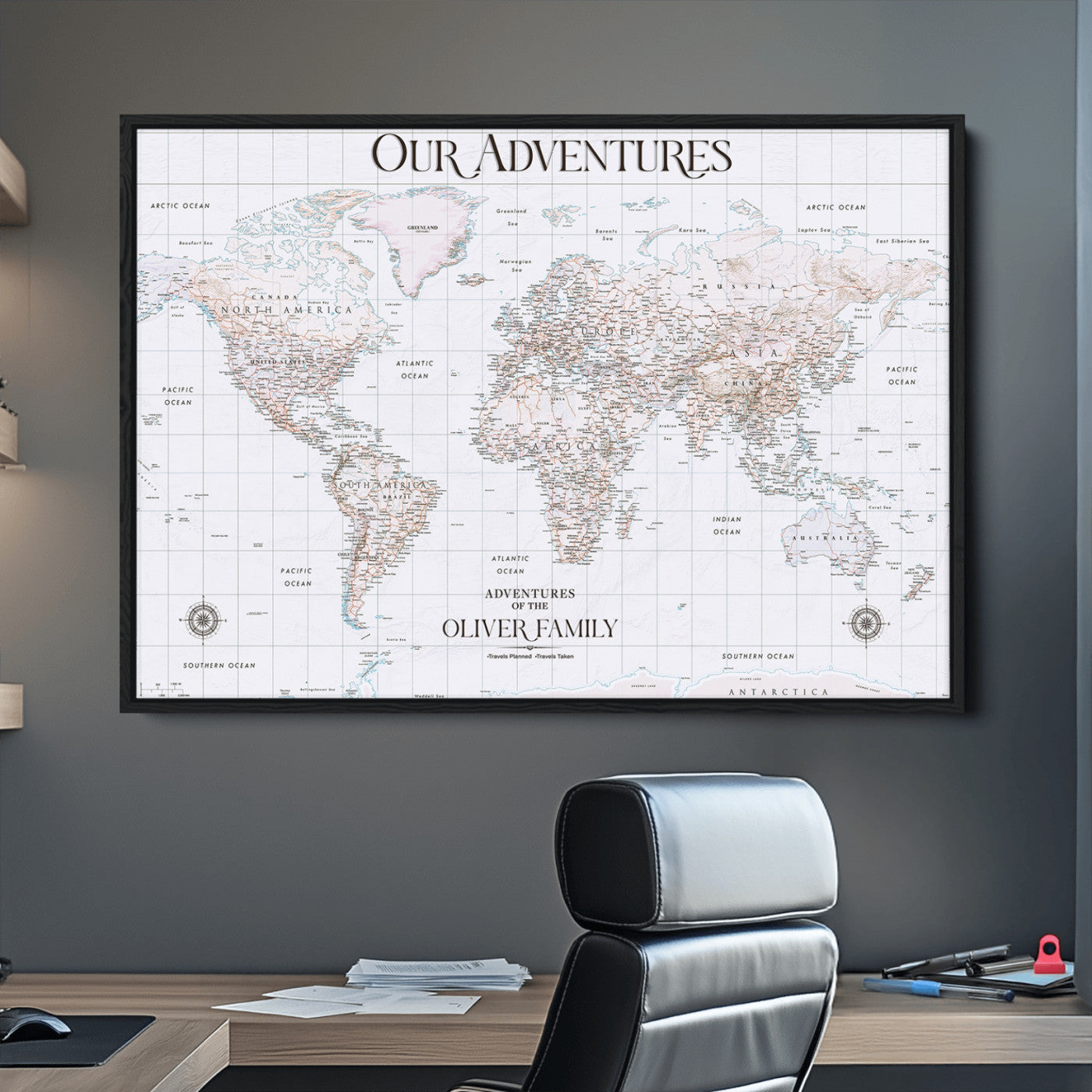 40041157-MGV-CV-36X24-Custom Push Pin World Map Wall Canvas Print – Personalized Travel Tracker with Pins – Framed Large Multi-Size Canvas for Home Office Decor