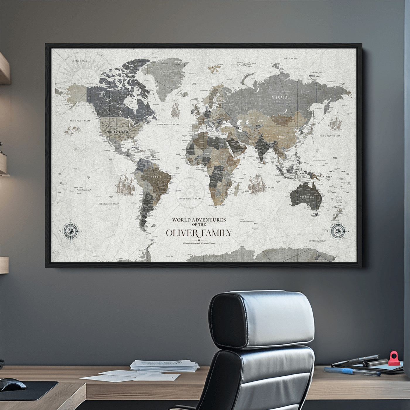 24596128-MGV-CV-36X24-Custom Push Pin World Map Wall Canvas Print – Personalized Travel Tracker with Pins – Framed Large Multi-Size Canvas for Home Office Decor