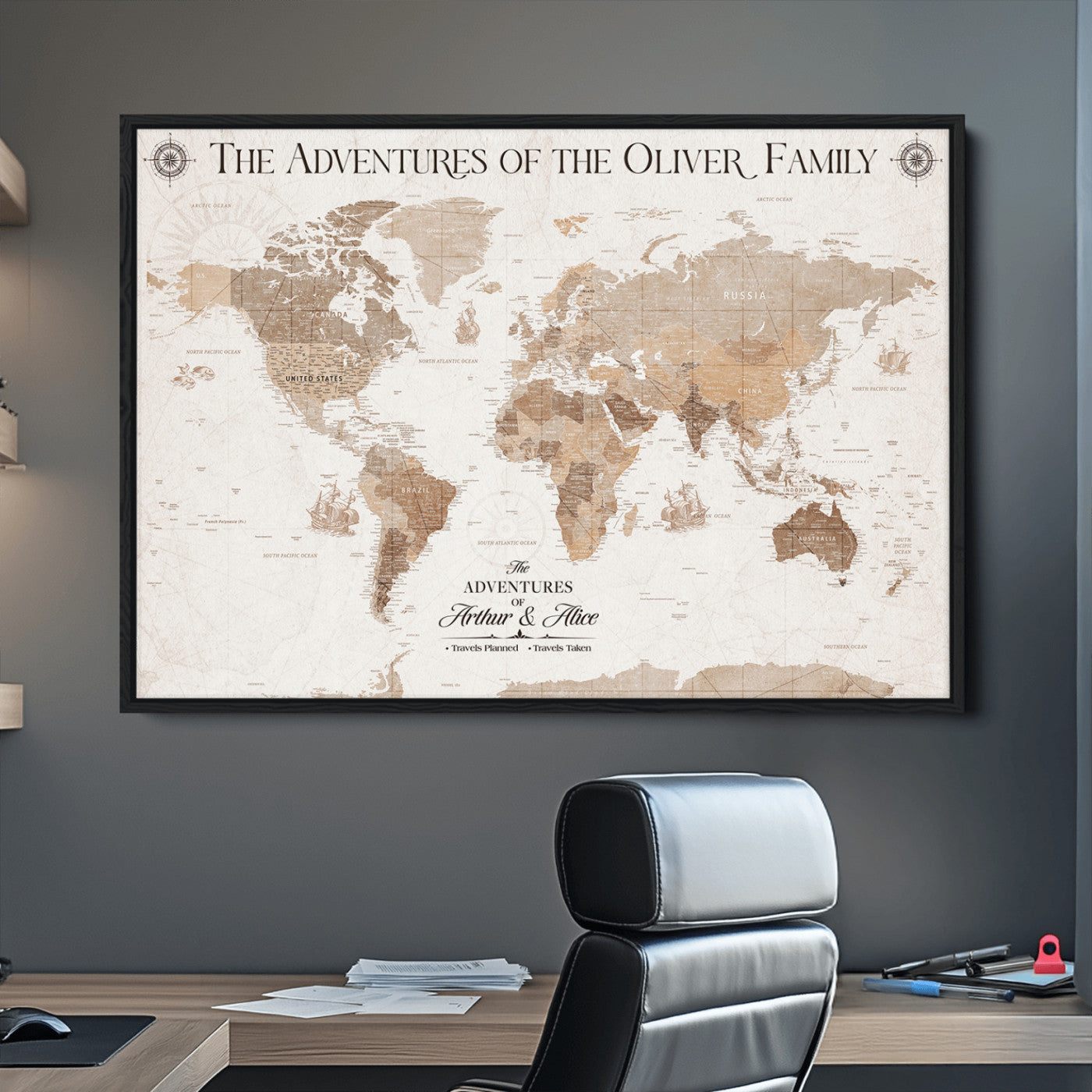 58395047-MGV-CV-36X24-Custom Push Pin World Map Wall Canvas Print – Personalized Travel Tracker with Pins – Framed Large Multi-Size Canvas for Home Office Decor
