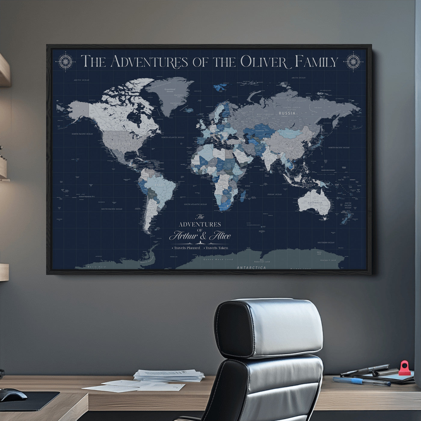 11352707-MGV-CV-36X24-Custom Push Pin World Map Wall Canvas Print – Personalized Travel Tracker with Pins – Framed Large Multi-Size Canvas for Home Office Decor