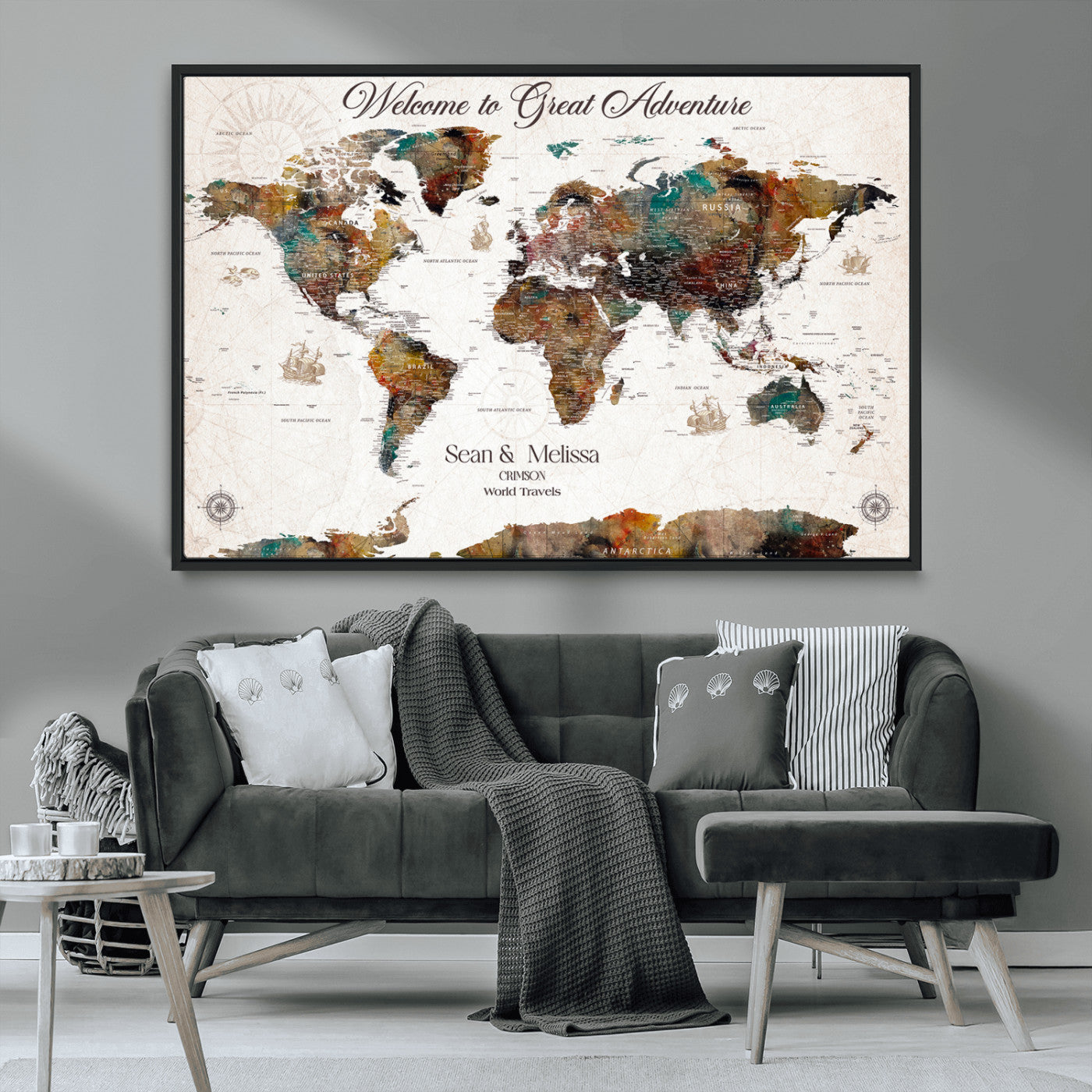 92462592-MGV-FC-36X24_Black-Customize Push Pin World Map Wall Canvas Print – Personalizable Travel World Map with Pins – Framed Personalized Map Print for Couple Gift - H31