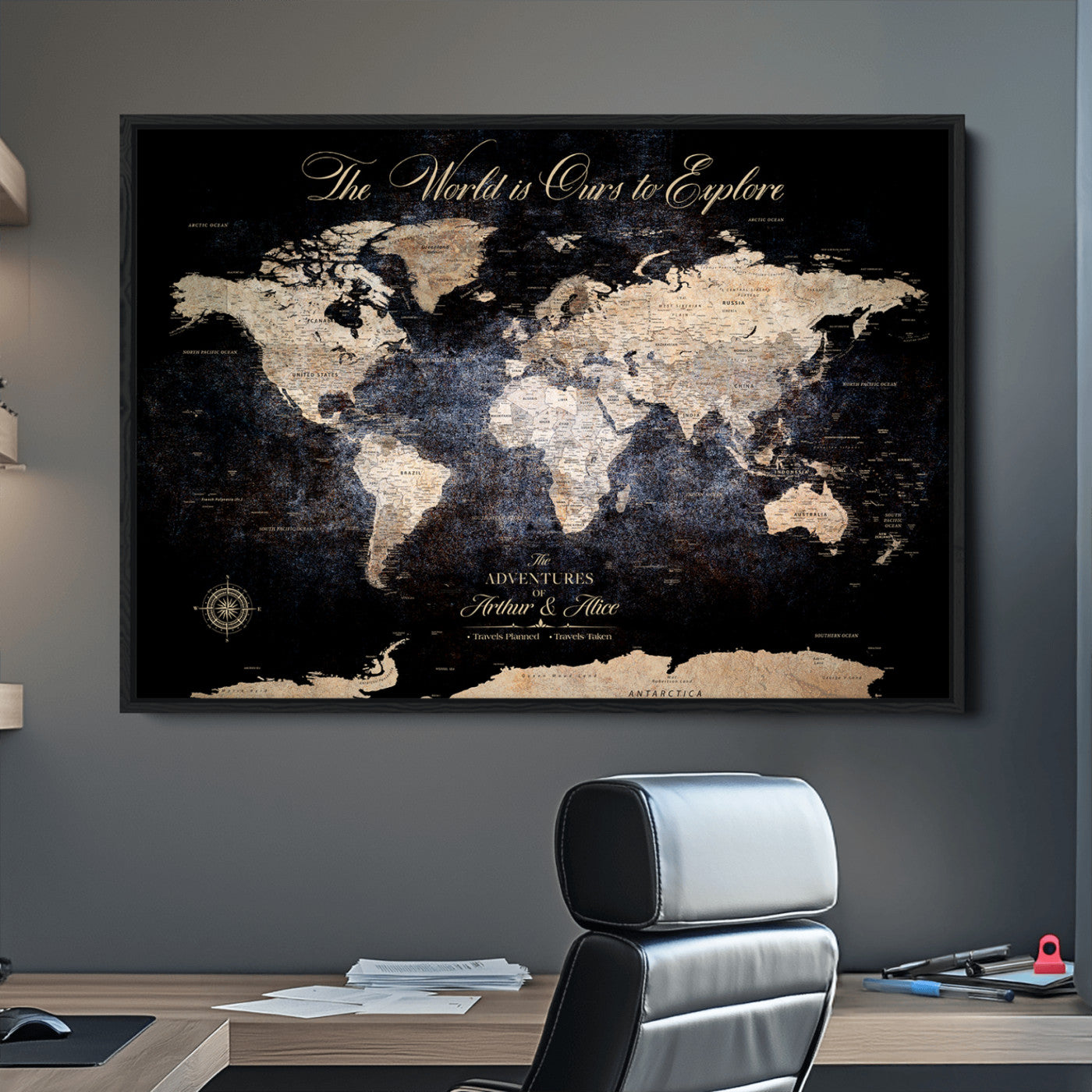 21010471-MGV-CV-36X24-Customize Push Pin World Map Wall Canvas Print, Personalized Travel Tracker with Pins, Framed Large Canvas for Home Office Decor - H37