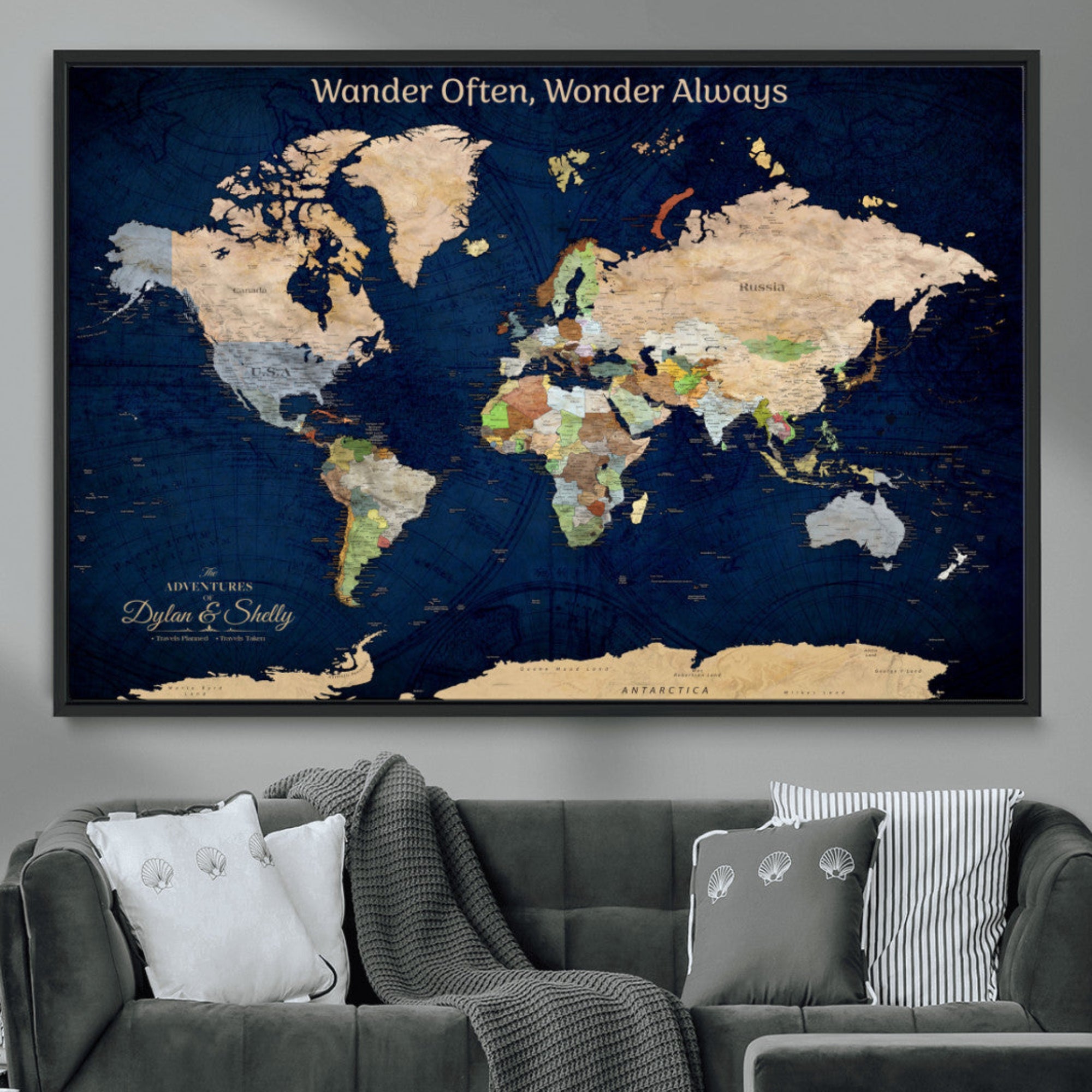 Rehber01-MGV-CV-36X24-Personalized World Map Canvas – Custom Framed Push Pin Travel Map Wall Art, Navy Blue Vintage Gift for Couples and Adventurers