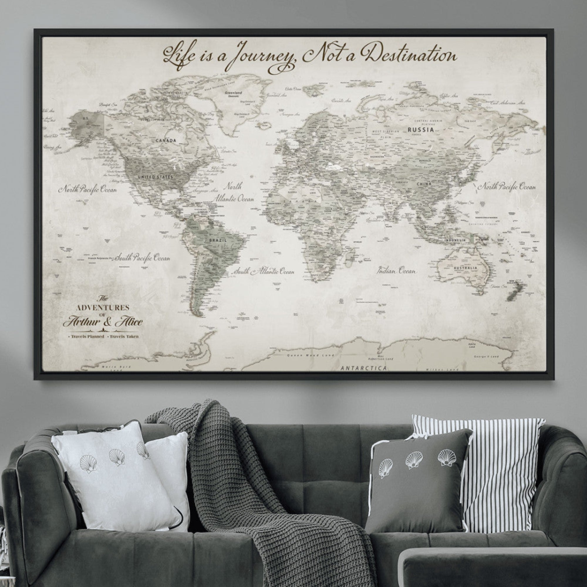 11398637-MGV-FC-36X24_Black-Personalized Vintage World Map Canvas Print – Framed Push Pin Travel Tracker Neutral Elegant Artwork for Home, Office