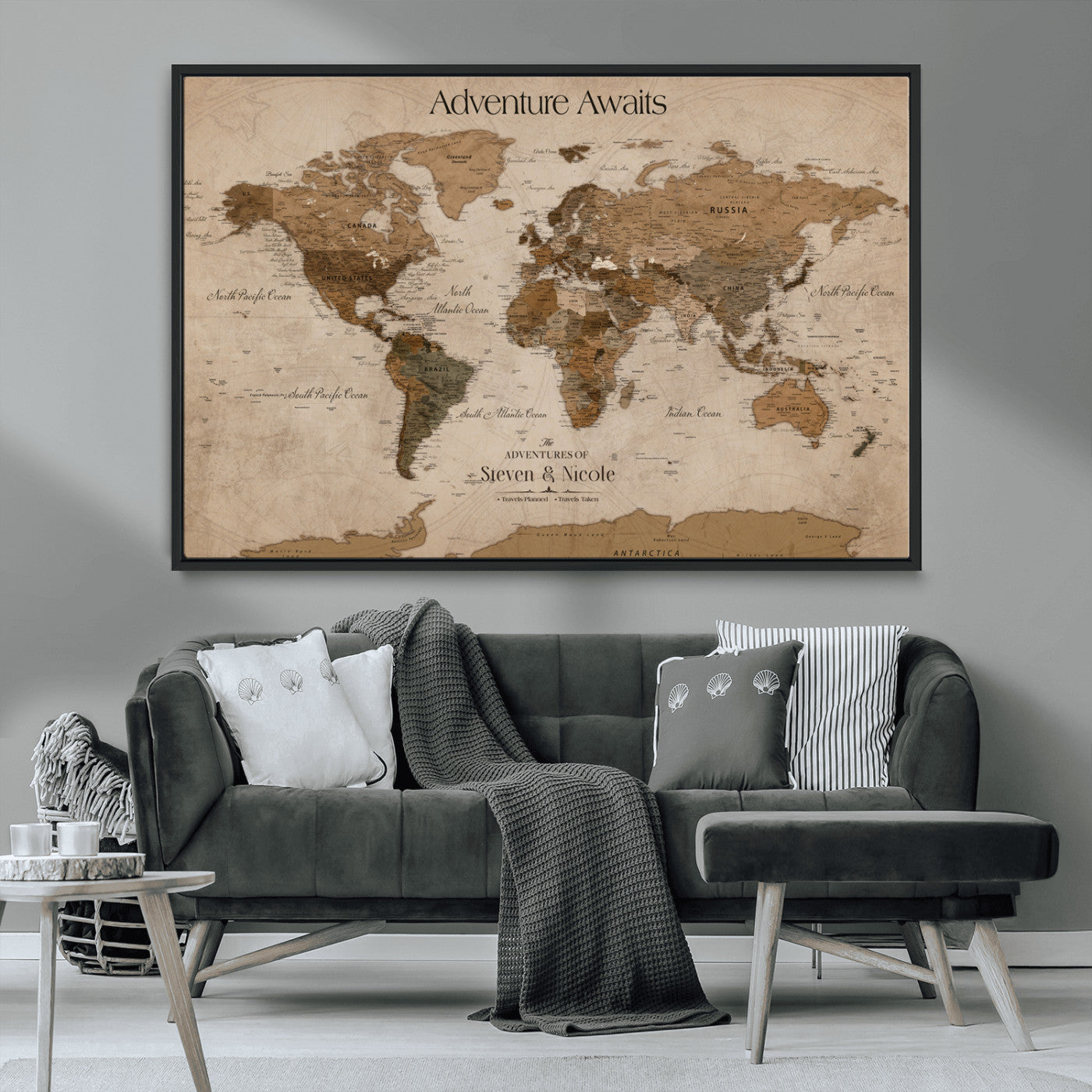MGV-FC-36X24 - Custom Push Pin World Map Wall Canvas Print – Personalized Travel Tracker with Pins – Framed Custom Quotie Canvas for Home Office Decor