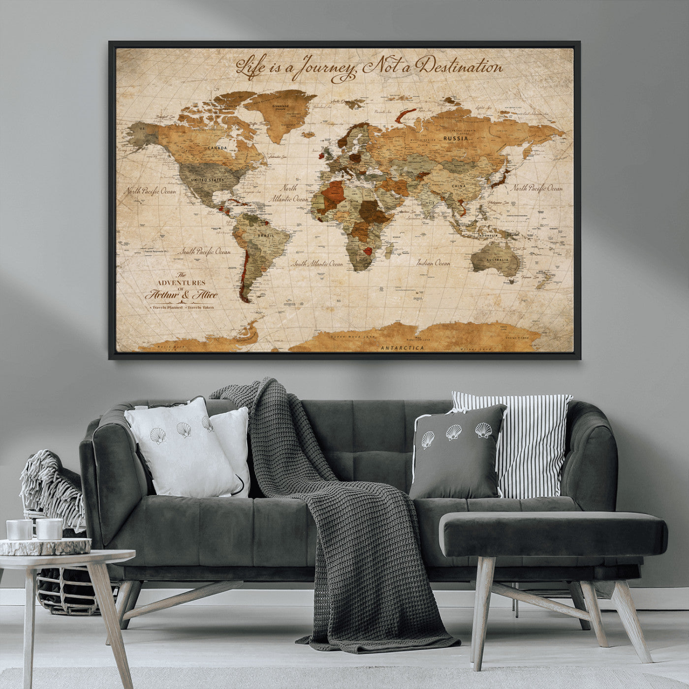 MGV-FC-36X24 - Customizable Framed World Map Wall Art, Personalized Push Pin Travel Maps Canvas Print, Handcrafted in USA, 100 Pins with Foam Backing