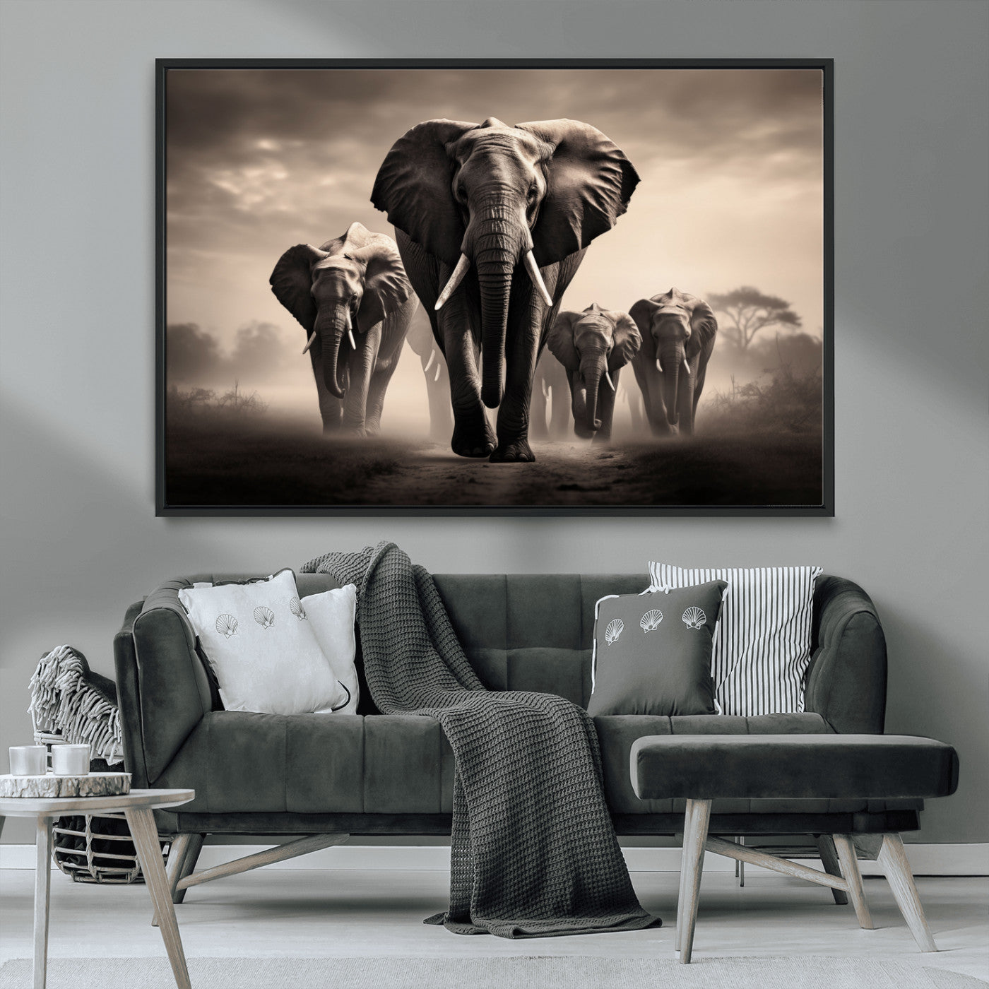 48598F10-MGV-FC-36X24_Black-Elephant Family Wall Art Canvas Print, Framed Elephant Wall Art Home Decor