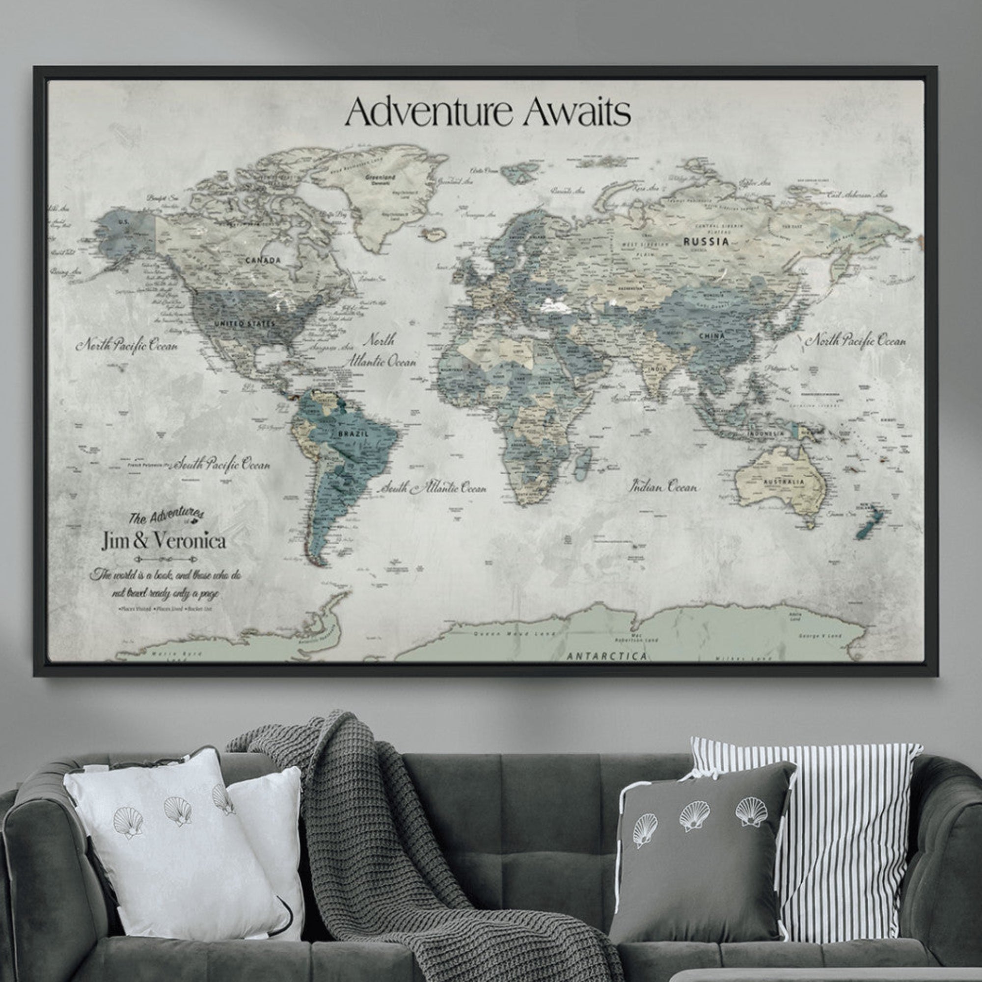 Rehber01-MGV-CV-36X24-Personalized Push Pin World Map Canvas Print – Custom Adventure Travel Map Framed Wall Art Gift for home, office