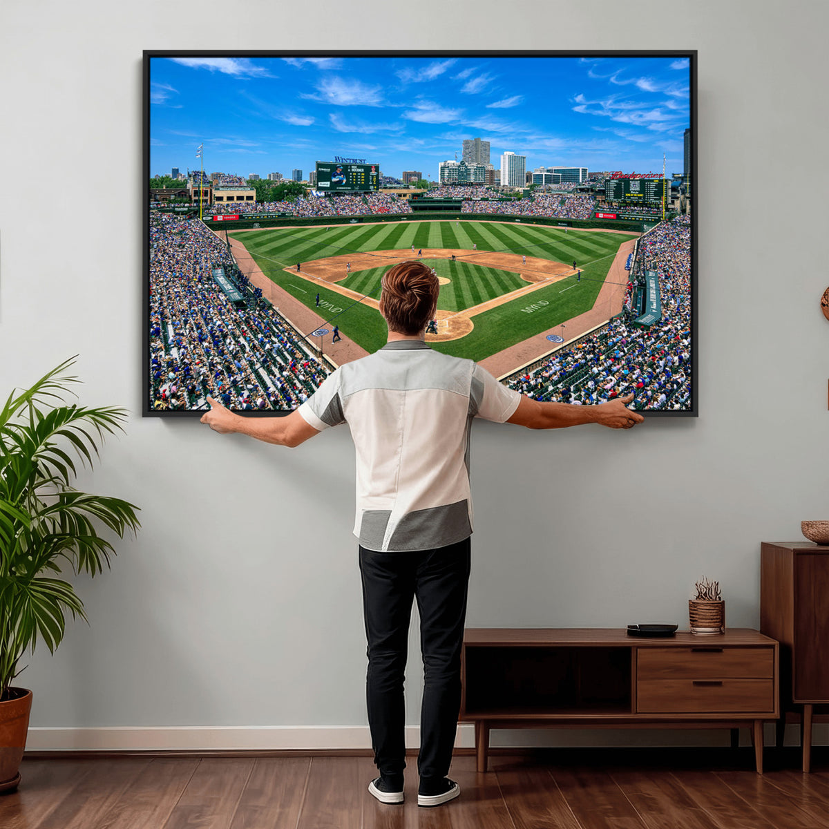 35800083-MGV-CV-36X24 - Wrigley Field Baseball Stadium Canvas Wall Art, Packed Crowd and Chicago Skyline