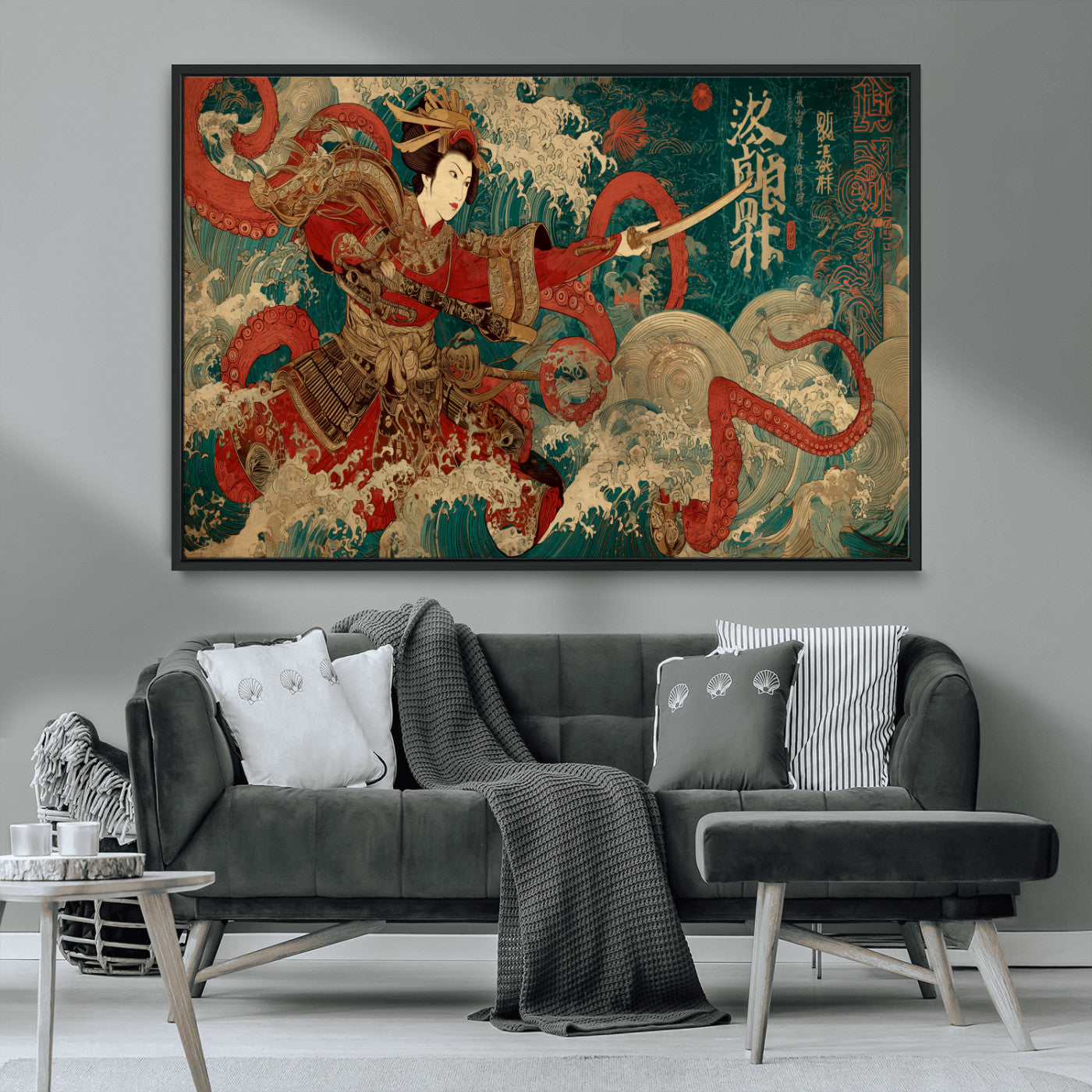MGV-FC-36X24 - Tsukioka Yoshitoshi Samurai Wall Art Print, Japanese Katana Warrior Canvas Wall Art, Octopus Sea Monster Canvas Print,
