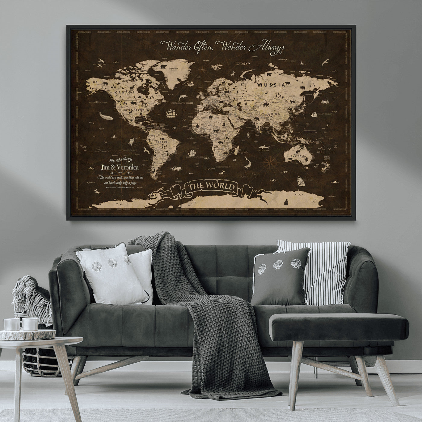 47004909-MGV-FC-36X24_Black-Customize Push Pin World Map Wall Art Canvas Print – Personalized Map for Kids Room – Framed Custom Animal Map for Stady Room Decor