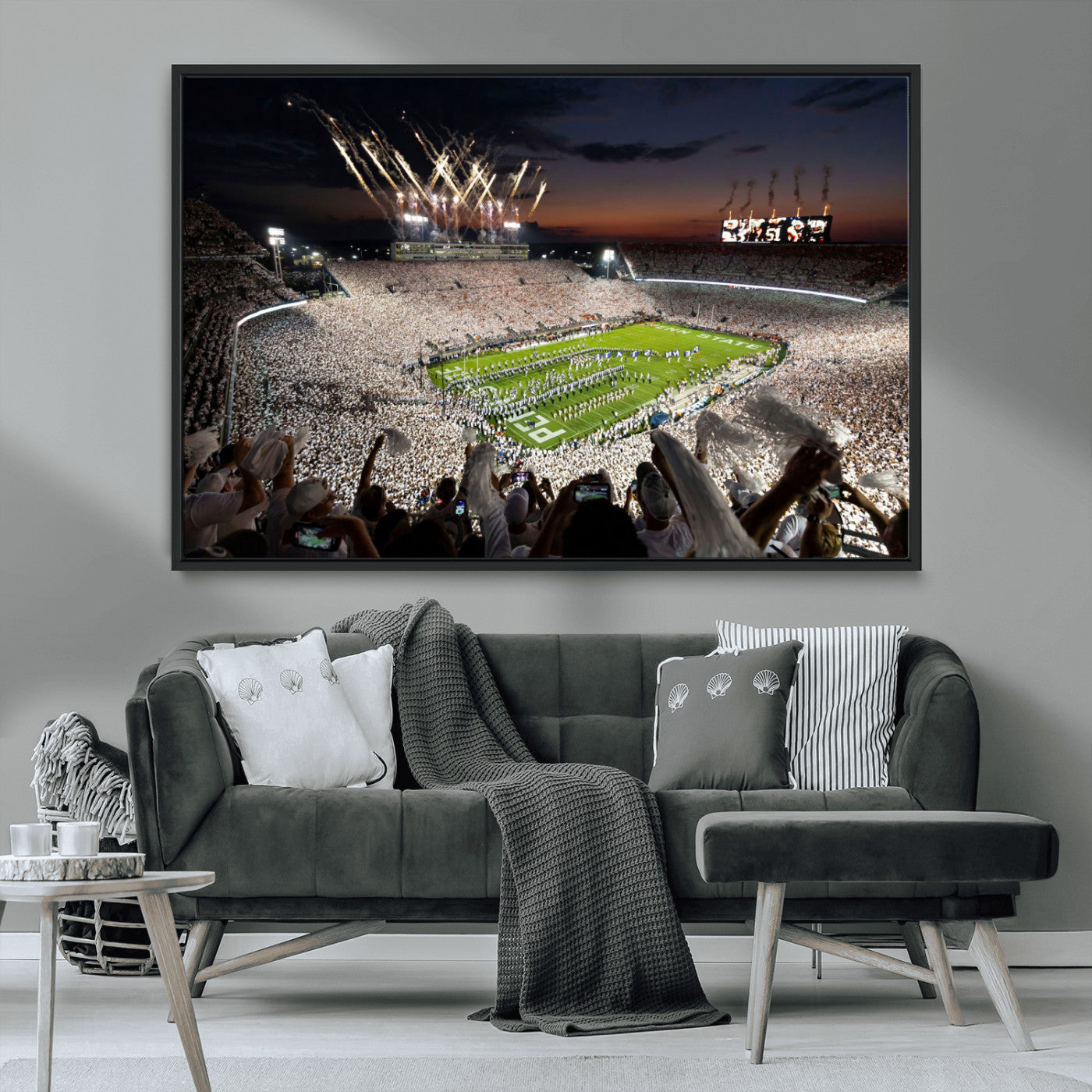 Penn State Stadium Wall Art Print, White Out Football Game Canvas Wall Art, Framed Sports Stadium, Large College Football Canvas Print for Game Room - Man Cave + 555