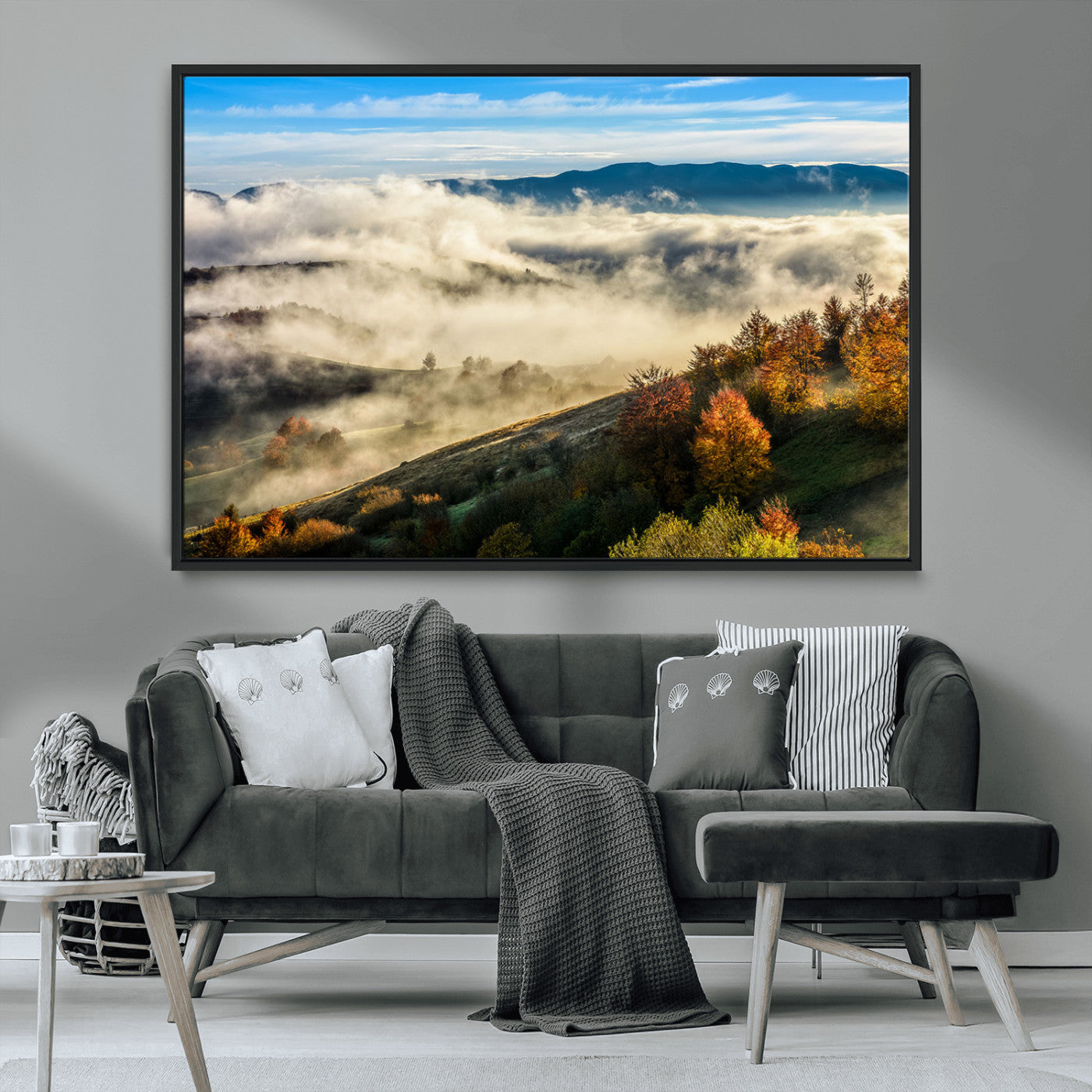 21551192-MGV-CV-36X24-Misty Autumn Hills Canvas Wall Art, Foggy Forest Landscape, Fall Foliage Beauty, Serene Mountain View, Cozy Home Decor, Office Tranquility, Nature Calm Print