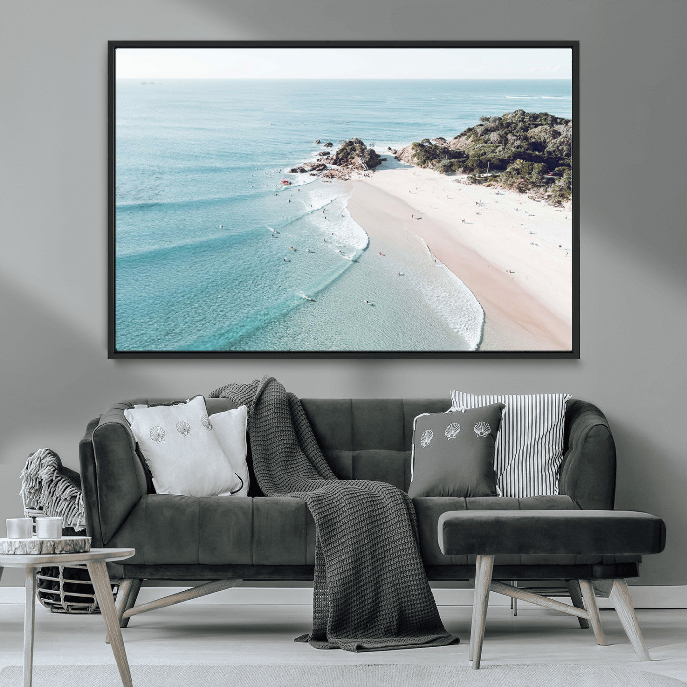 79395467-MGV-CV-36X24-Aerial Beach Canvas Wall Art Print, Coastal Ocean Waves and Surfers, Large Scenic Seaside Canvas for Home or Office 1 Panel Wrapped Canvas