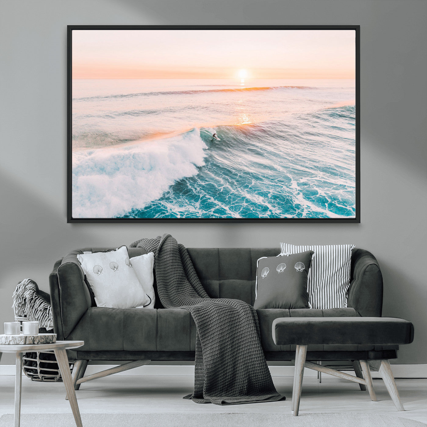 34064591-MGV-CV-36X24-Sunset Surfing Canvas Wall Art Print, Ocean Wave Surfer Decor, Large Coastal Surf Canvas for Beach House or Living Room 1 Panel Wrapped Canvas
