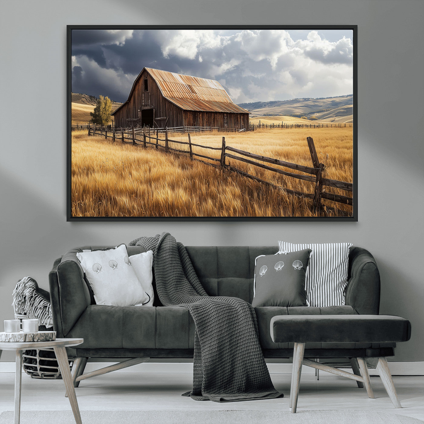 "Rustic barn surrounded by golden fields, a wooden fence, and dramatic storm clouds in the sky, capturing a serene countryside landscape."