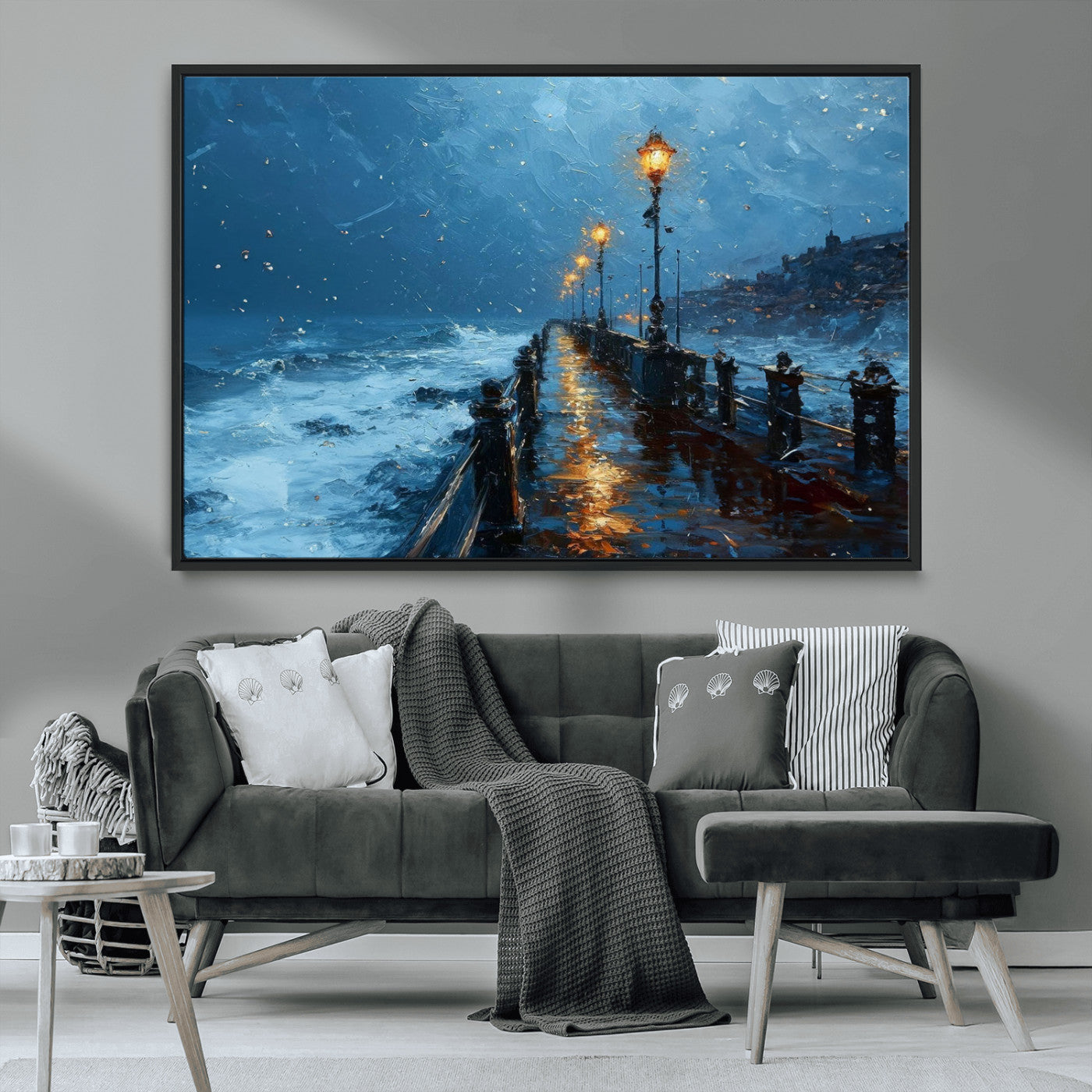 "Impressionistic painting of a stormy pier with street lamps glowing, waves crashing, and a misty ocean under a blue sky."