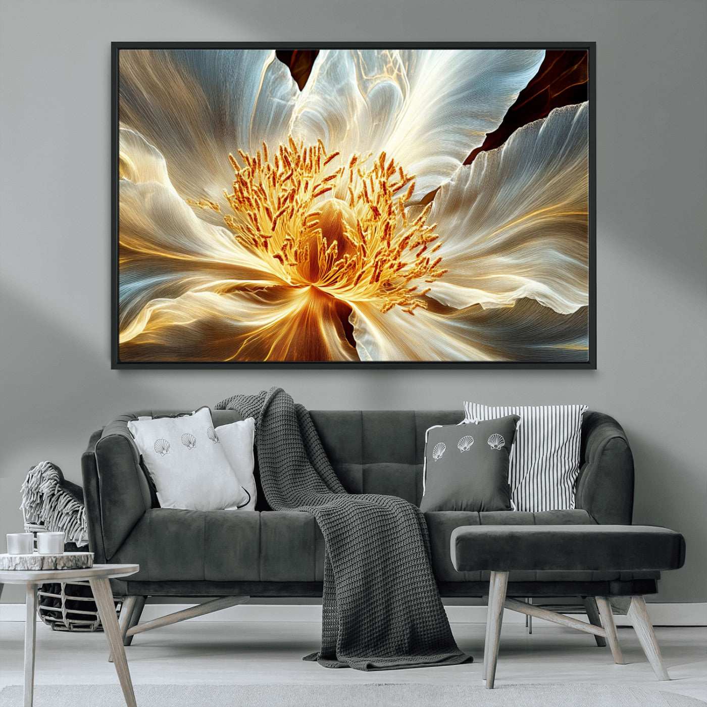 "Close-up of a glowing, abstract flower with delicate white petals and vibrant golden-yellow stamen against a dark background."