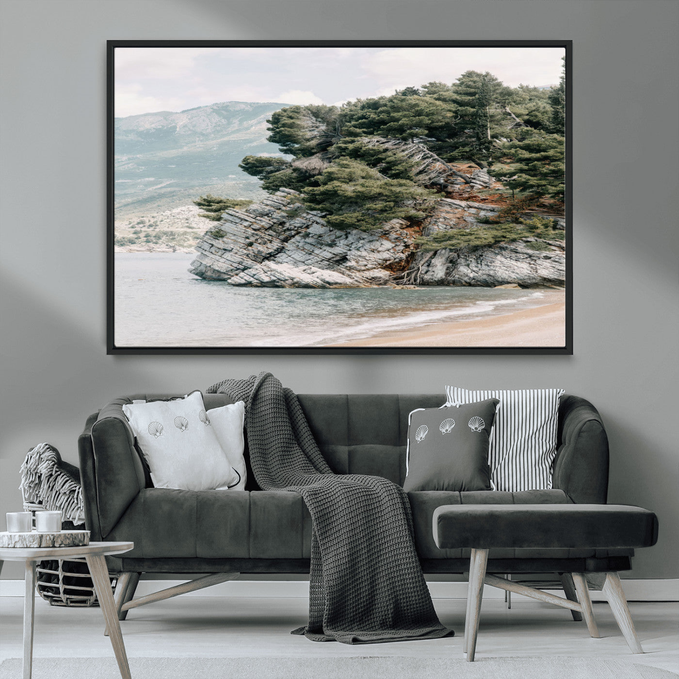 MGV-FC-36X24 - Coastal Rock Canvas Wall Art Print, Scenic Beach Landscape, Pine Trees on Rocky Cliff, Large Nature