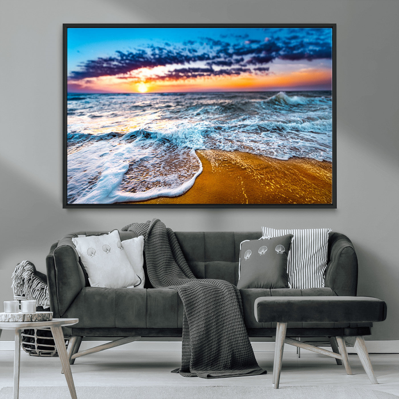 Beautiful ocean shoreline at sunset with foamy waves washing onto golden sand under a colorful sky – Wall Art Canvas Print.