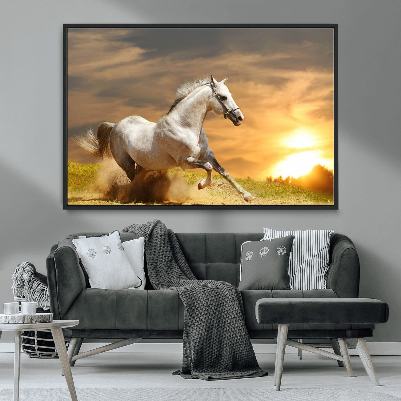 Powerful white horse galloping on a dusty field at sunset with a dramatic sky – Wall Art Canvas Print.