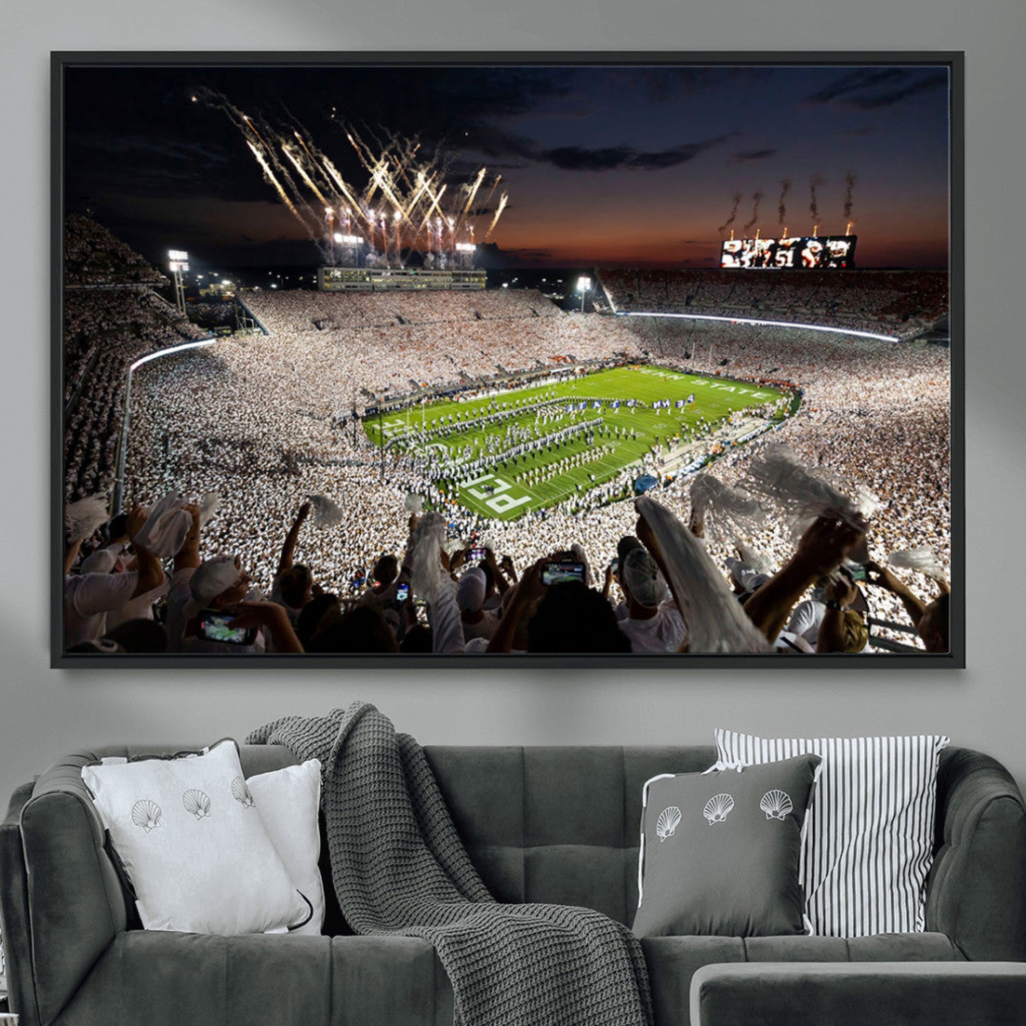 11221988-MGV-CV-36X24-Epic Night Football Stadium Wall Art Canvas Print, Fireworks and Crowd Energy Game Day Excitement Decor for Home, Office